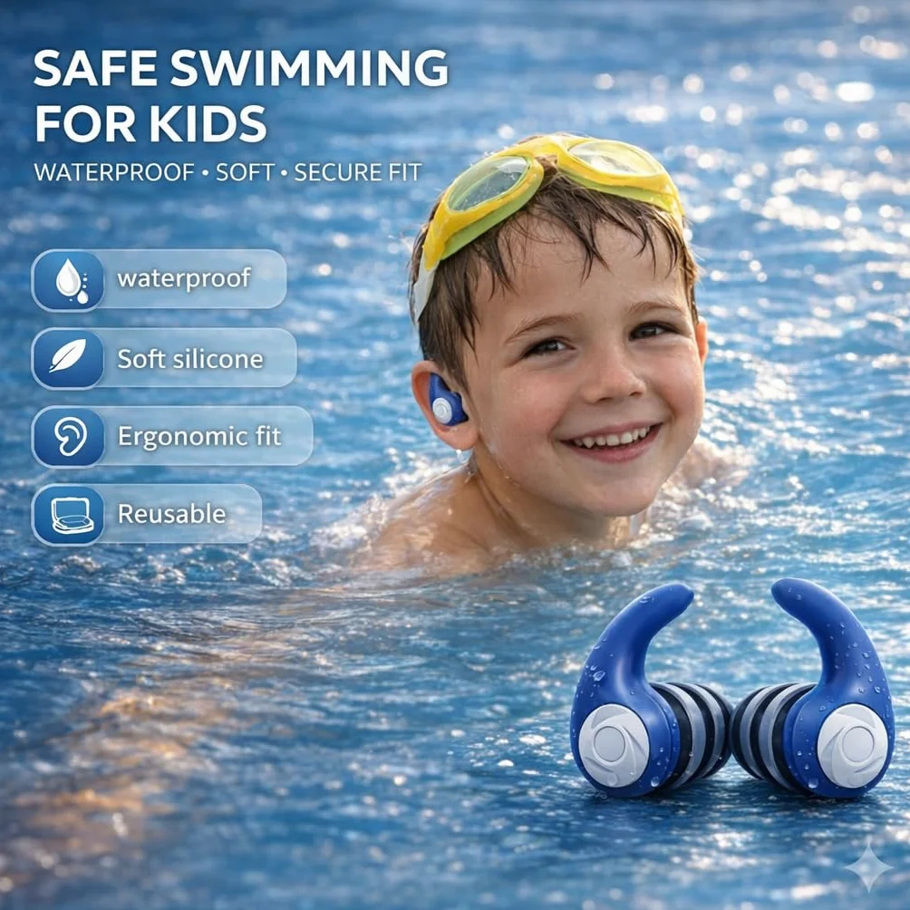 Tapones para los Oídos de Natación para Niños 3 Pares Silicona Impermeable Cordón Amovible Reutilizables