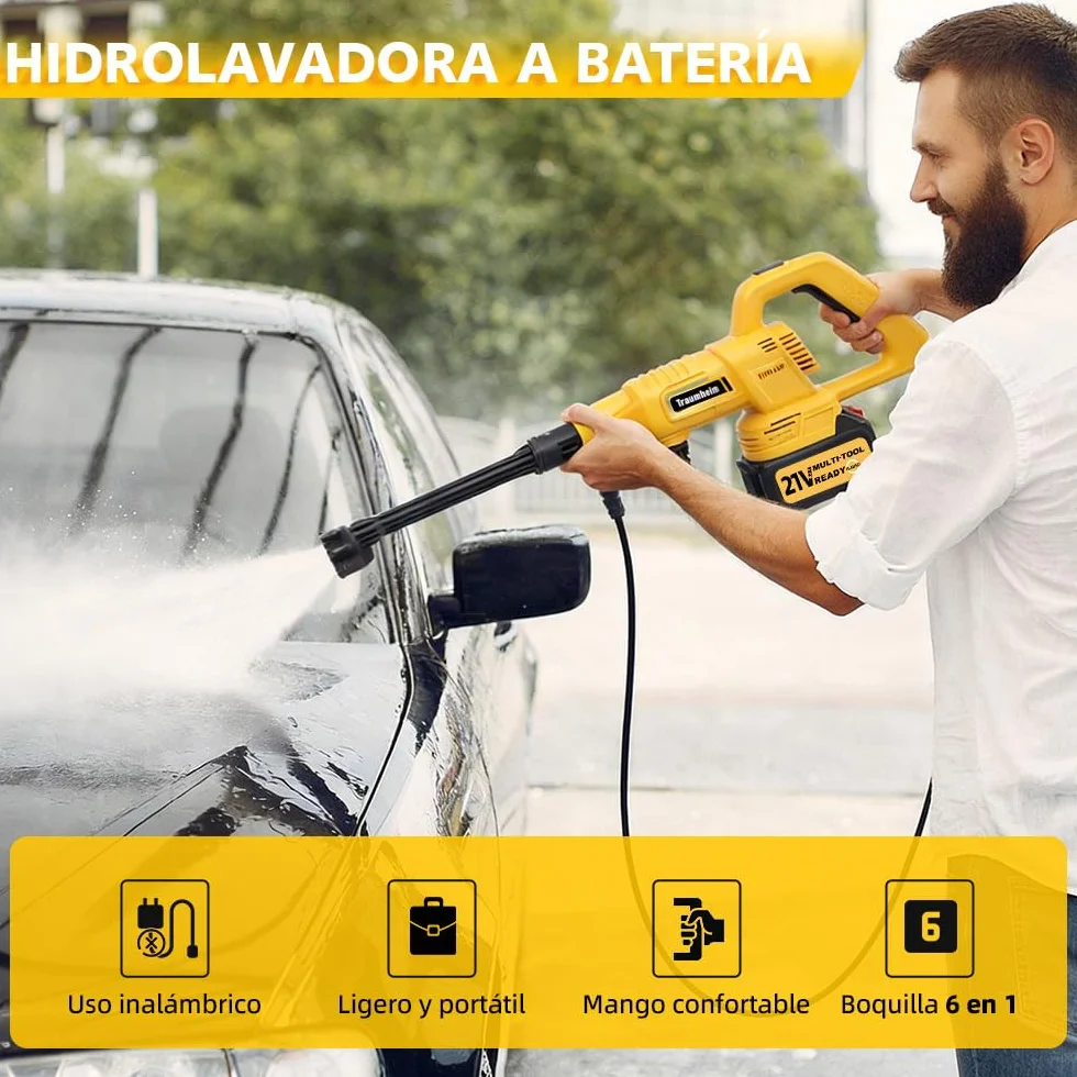 Hidrolimpiadora inalámbrica, 17 Piezas, 8000 mAh, máx. 68 Bares, con Boquilla 6 en 1 y Boquilla giratoria de 180°, hidrolimpiadora portátil para Coches, Bicicletas, terrazas y Jardines.