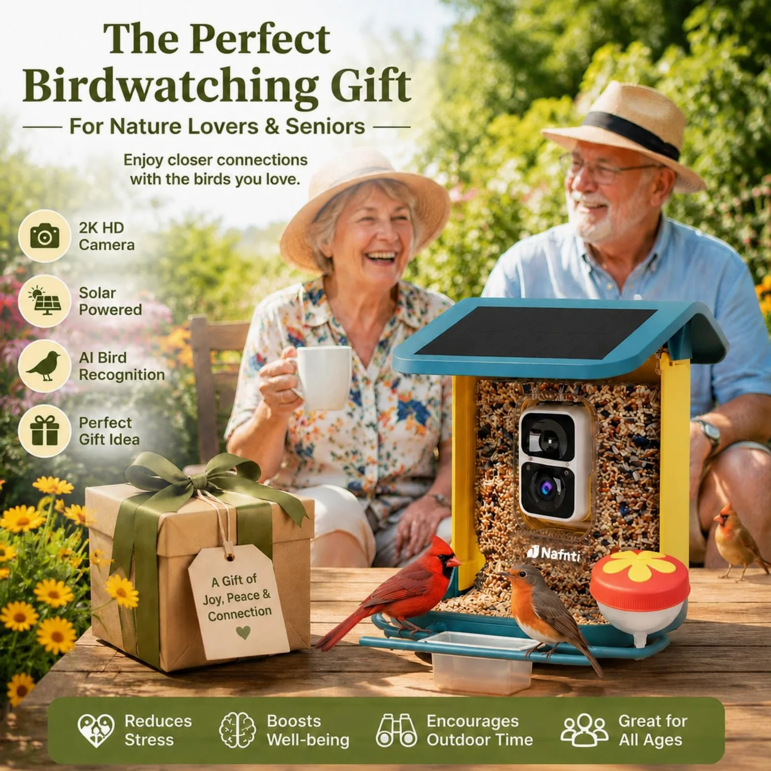 Comedero para pájaros con cámara alimentada por energía solar, 2K HD Live, AI Bird ID 1.8L