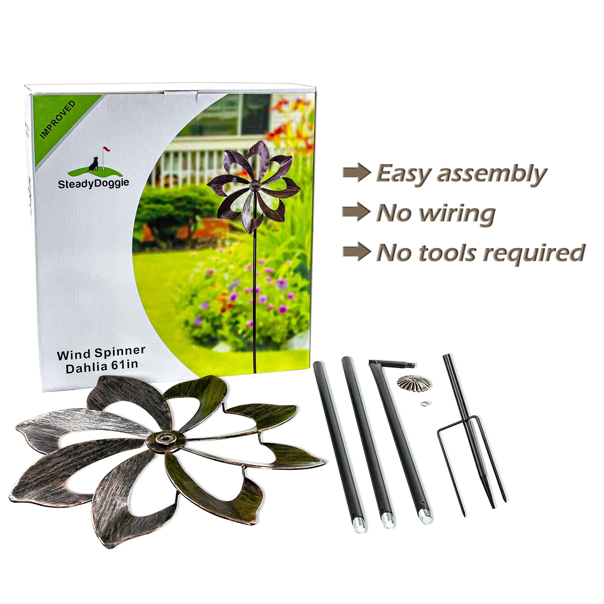 Wind Spinner Dahlia 155 cm (61 Pulgadas) Spinner cinético de Viento para Exterior - Construcción de Metal Vertical para Jardín y Patio