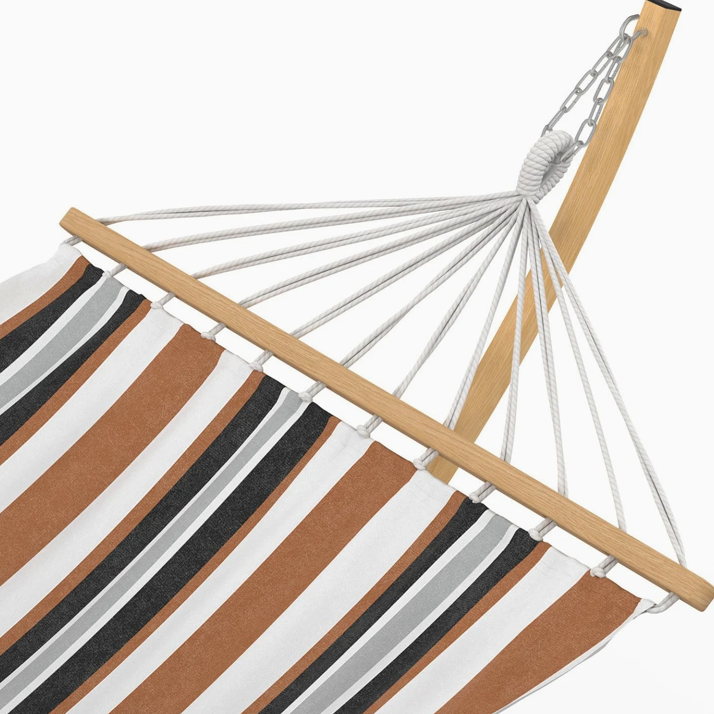 IDMarket – Hamaca XL con soporte de metal, efecto madera y tela rayada negra, blanca y chocolate