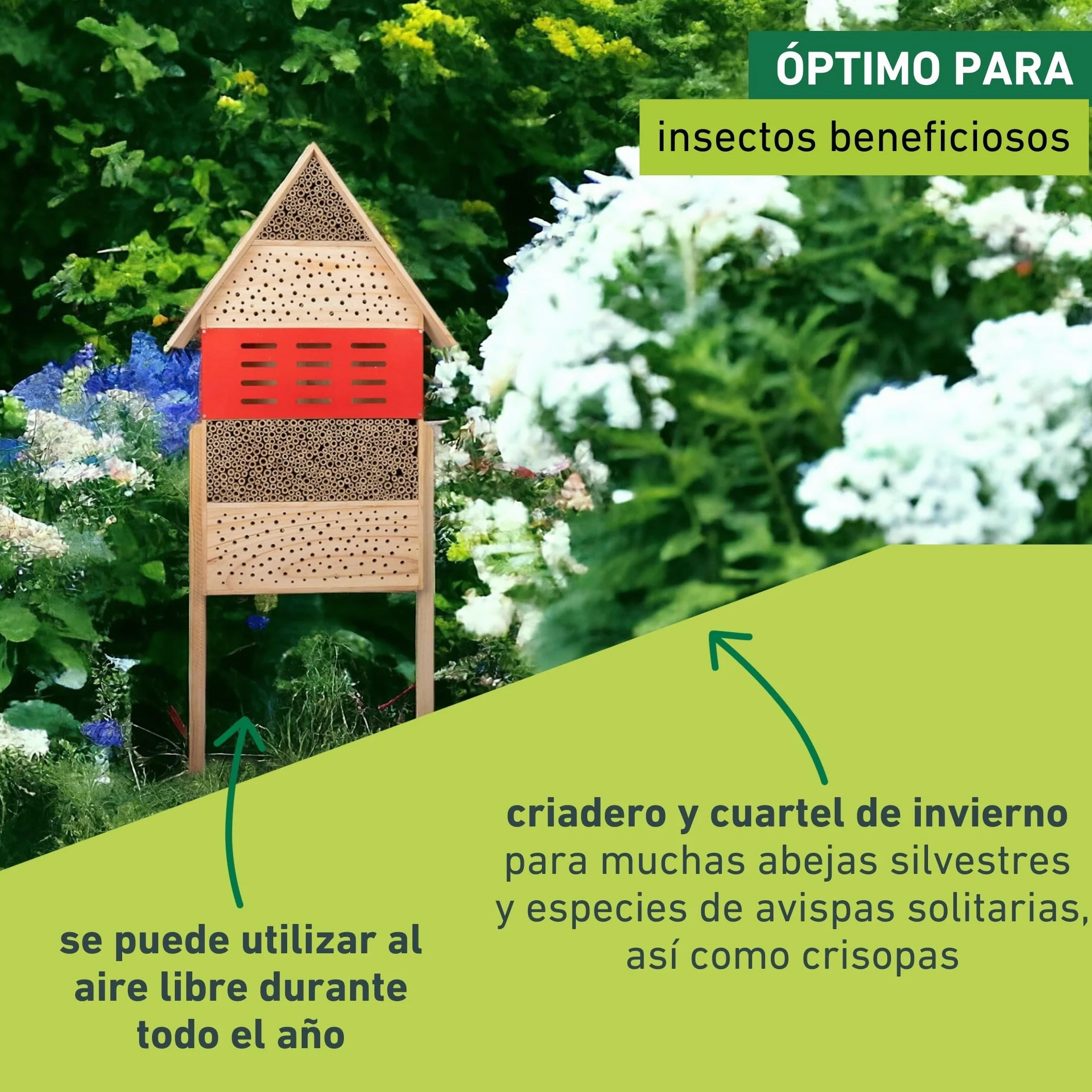 Windhager Hotel de Insectos High-Rise - Madera y bambú - Hotel de Abejas, casa de Insectos - casa de Insectos para Abejas, Mariquitas y crisopas - Hotel de Abejas con Patas de Madera