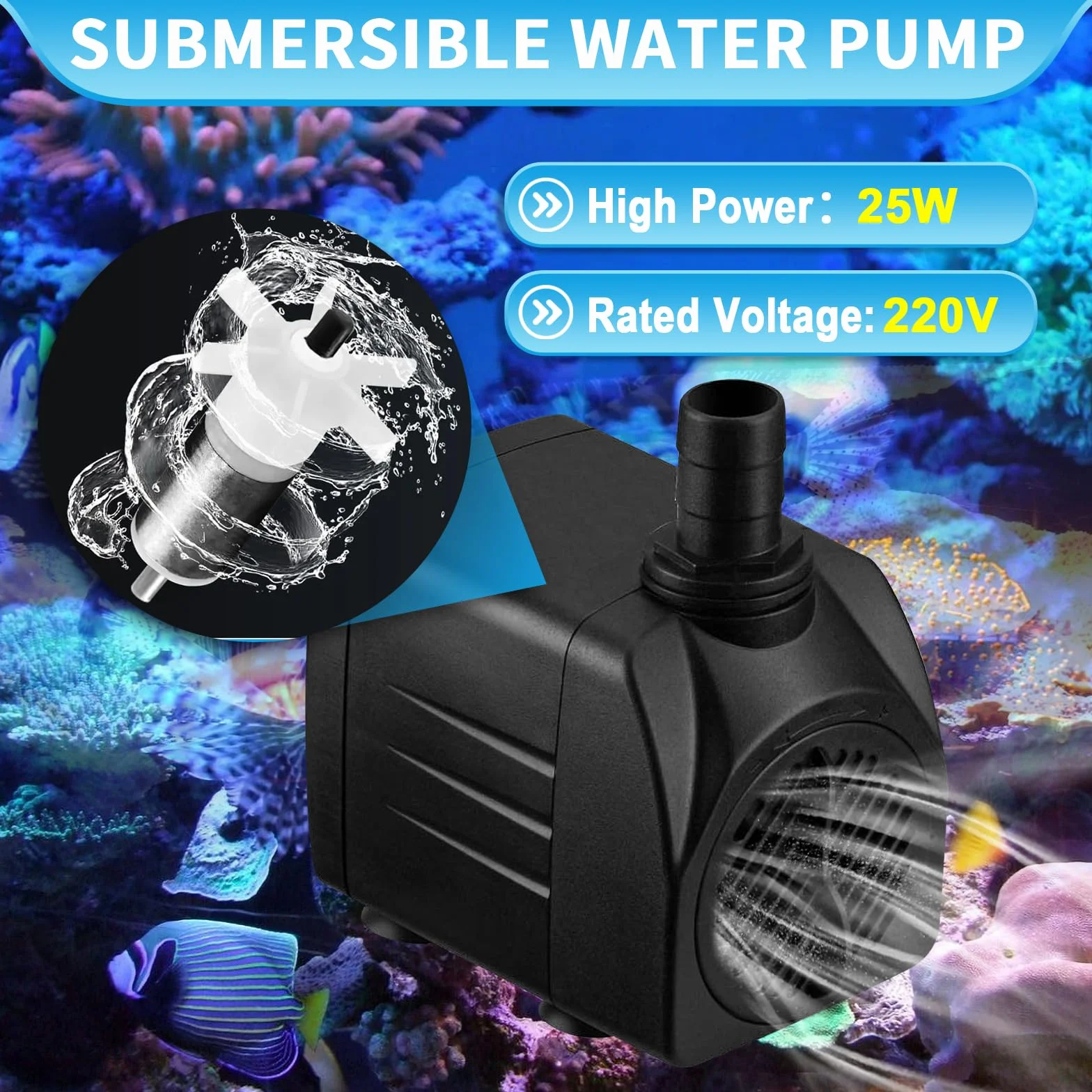 Bomba de Agua 25W 1800L/H 220V Mini Bomba de Acuario, Bomba Ajustable con 3 Boquilla y Cable de Alimentación, Bomba Sumergible Jardín Fuente de Estanque