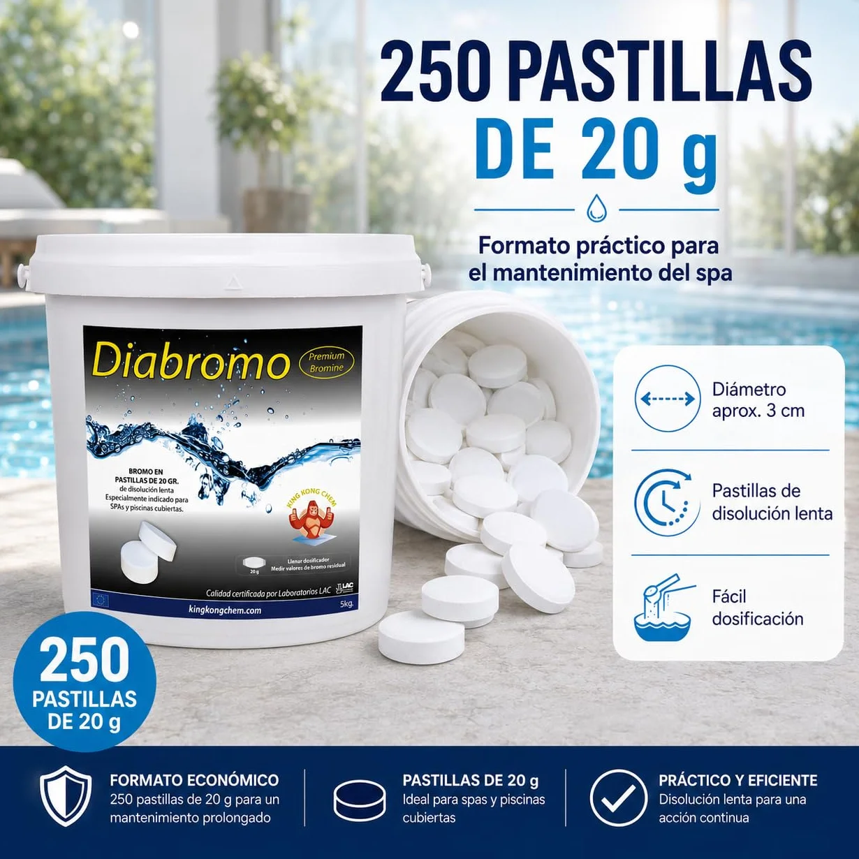 Diabromo 5 kg - Bromo Desinfectante para SPA y Piscinas Cubiertas - Pastillas de 20 Gramos