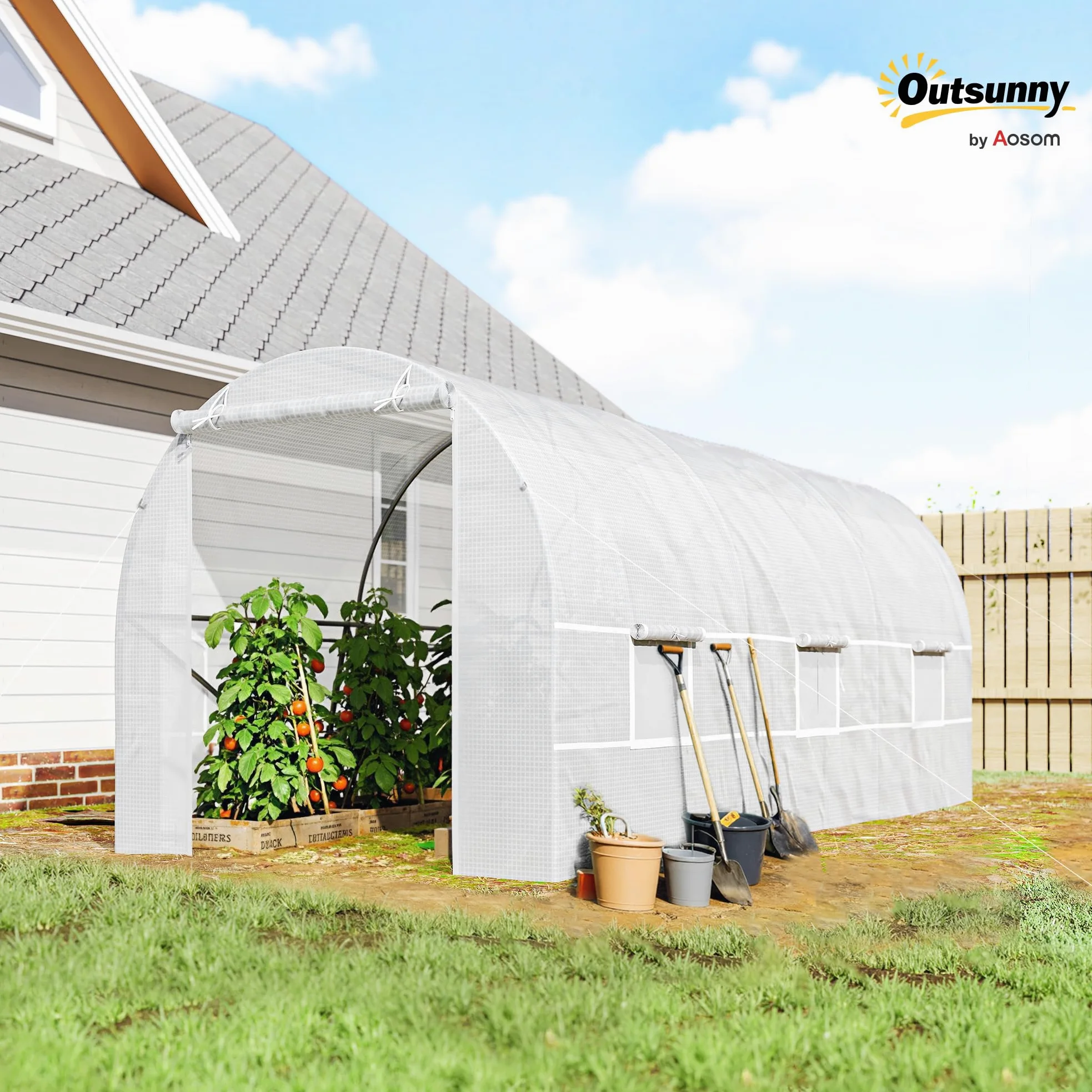 Outsunny - Invernadero de jardín (9 m², 4,45 x 2 x 2 m, Marco Tubular Reforzado 18 mm, 6 Ventanas), Color Blanco | Invernadero de jardín Túnel, todas las estaciones, verduras frutas, flores, lona PE de alta densidad 140 g/m²