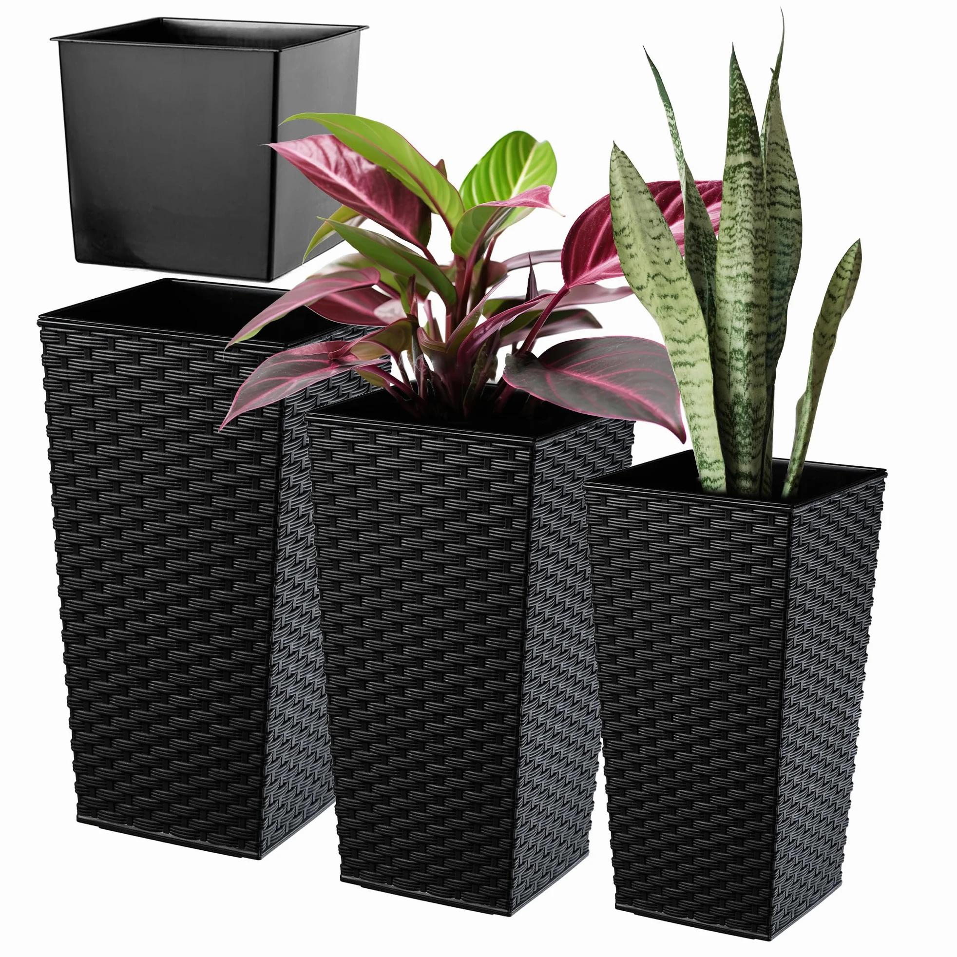 KADAX Maceteros Altos para Plantas de Interior y Exterior, Macetas de Plástico, Jardineras Altas (Imitación Ratán, Negro, 57 cm, 68 cm y 75 cm)