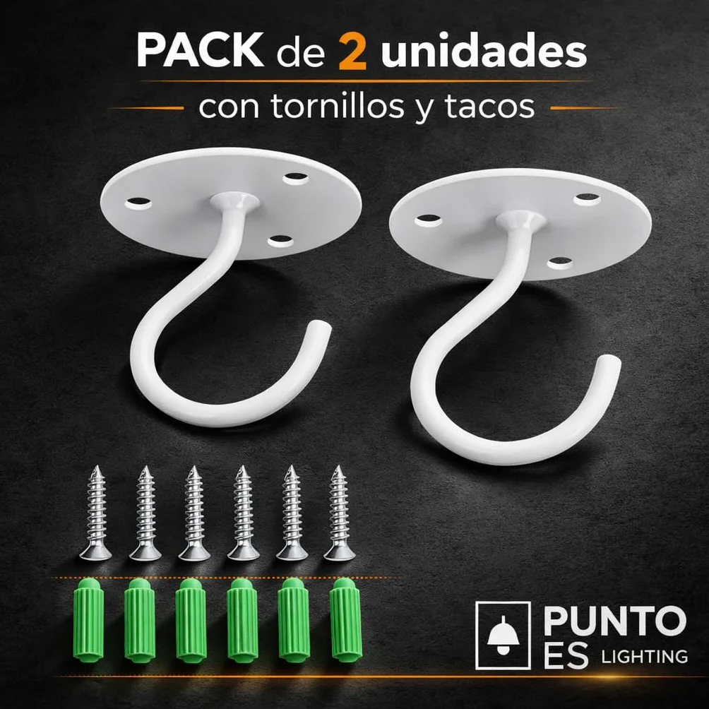 Gancho Techo y Pared Exterior Blanco, Pack 2 Unidades – Soporte para Colgar Plantas, Farolillos y Decoración, Acero Pintado con Tornillos y Tacos Incluidos