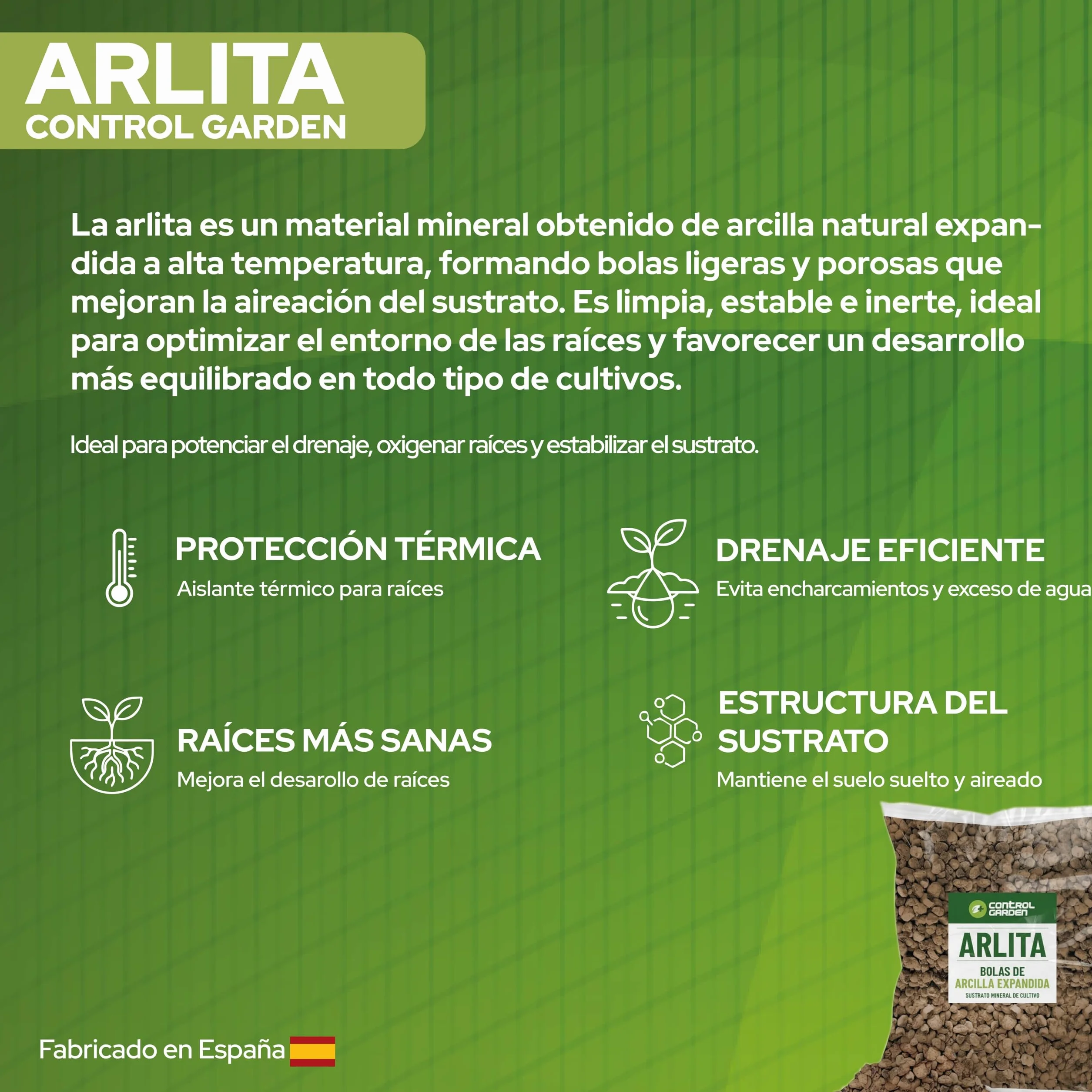 CONTROL GARDEN Arlita 20L | Bolas de Arcilla Expandida | Drenaje para Macetas, Cultivos y Plantas | Fabricado en España