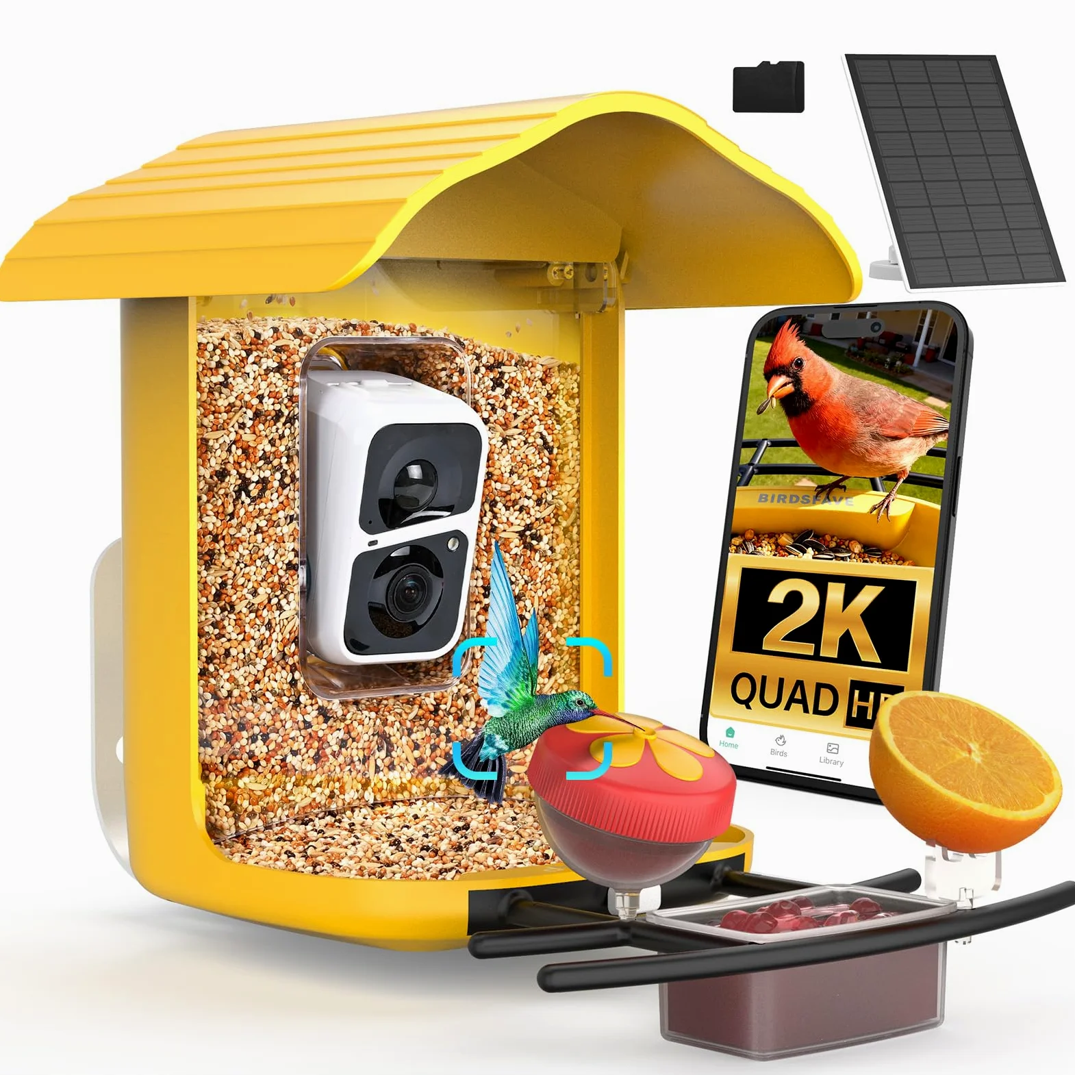 birdsnap® PAV-Comedero para pájaros con cámara, 2K HD con tarjeta de 64 GB, panel solar inteligente de identificación de inteligencia artificial, transmisión en vivo, detección de movimiento