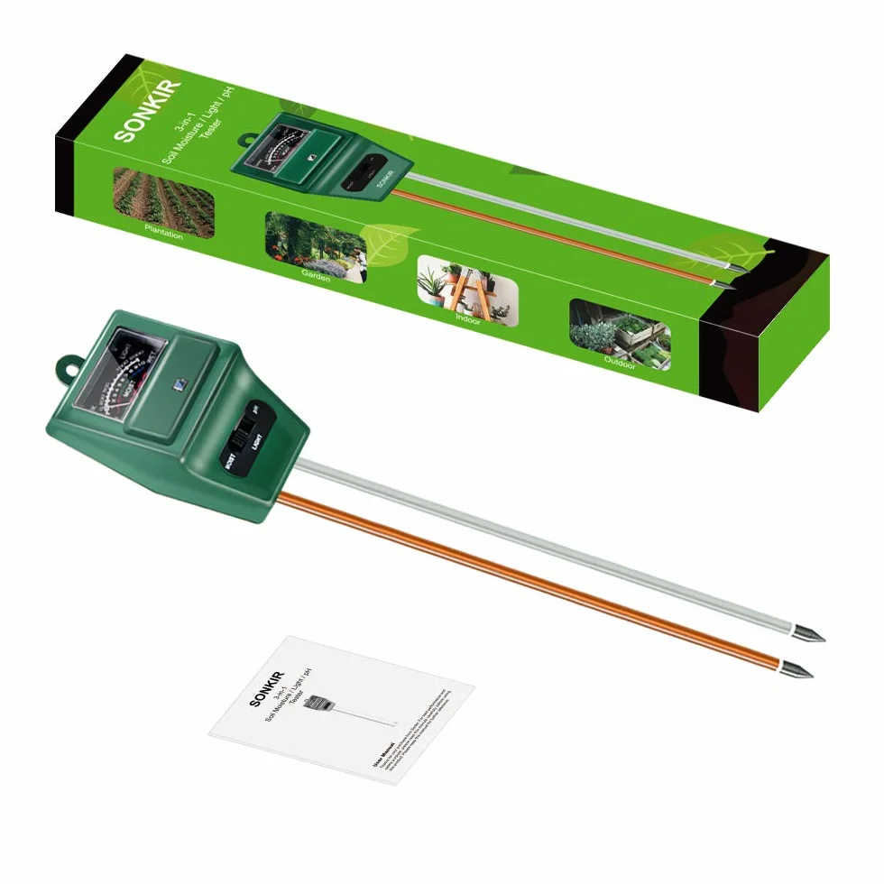 Sonkir Medidor de pH de Suelo, 3 en 1, medidor de Humedad/luz/pH del Suelo, Kits de Herramientas de jardinería para el Cuidado de Plantas, Ideal para jardín, césped, Granja (Verde)
