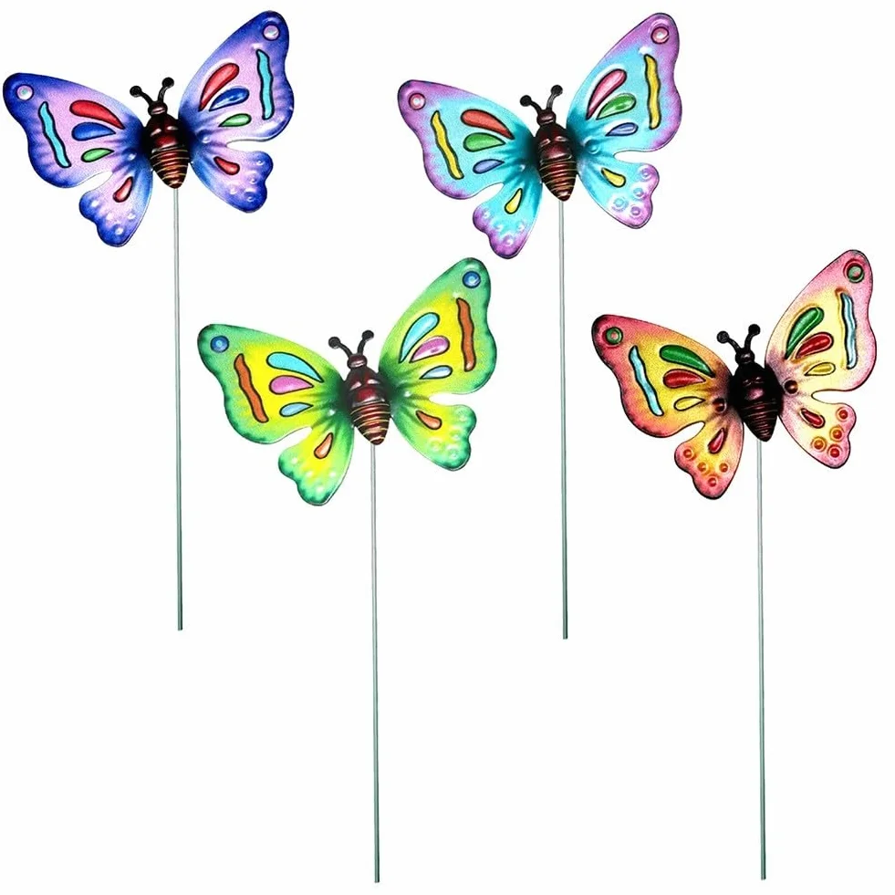 Juego de 4 estacas de jardín de mariposa de metal para decoración de césped y patio al aire libre, a prueba de óxido