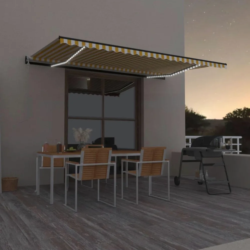Toldo automático con iluminación LED y sensor de viento, 500 x 350 cm, marco de aluminio recubierto de polvo, protección solar impermeable y resistente a los rayos UV para jardín, balcón
