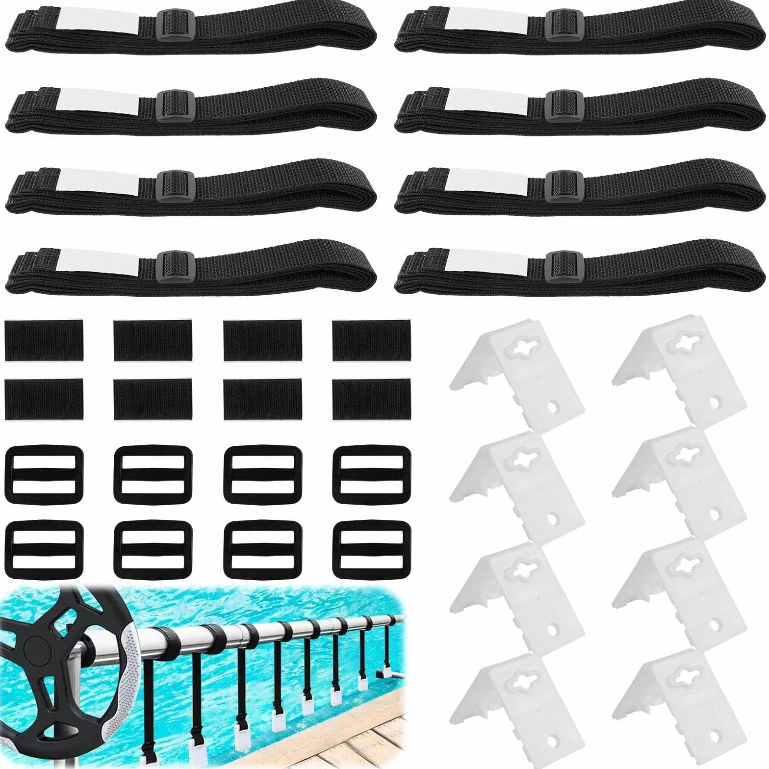 GOMETY 8 bandas de sujeción y grapas, enrollador de piscina, enrollador móvil, lámina solar, accesorios para sistema de enrollado móvil para lonas/cubiertas de piscina (8, negro)