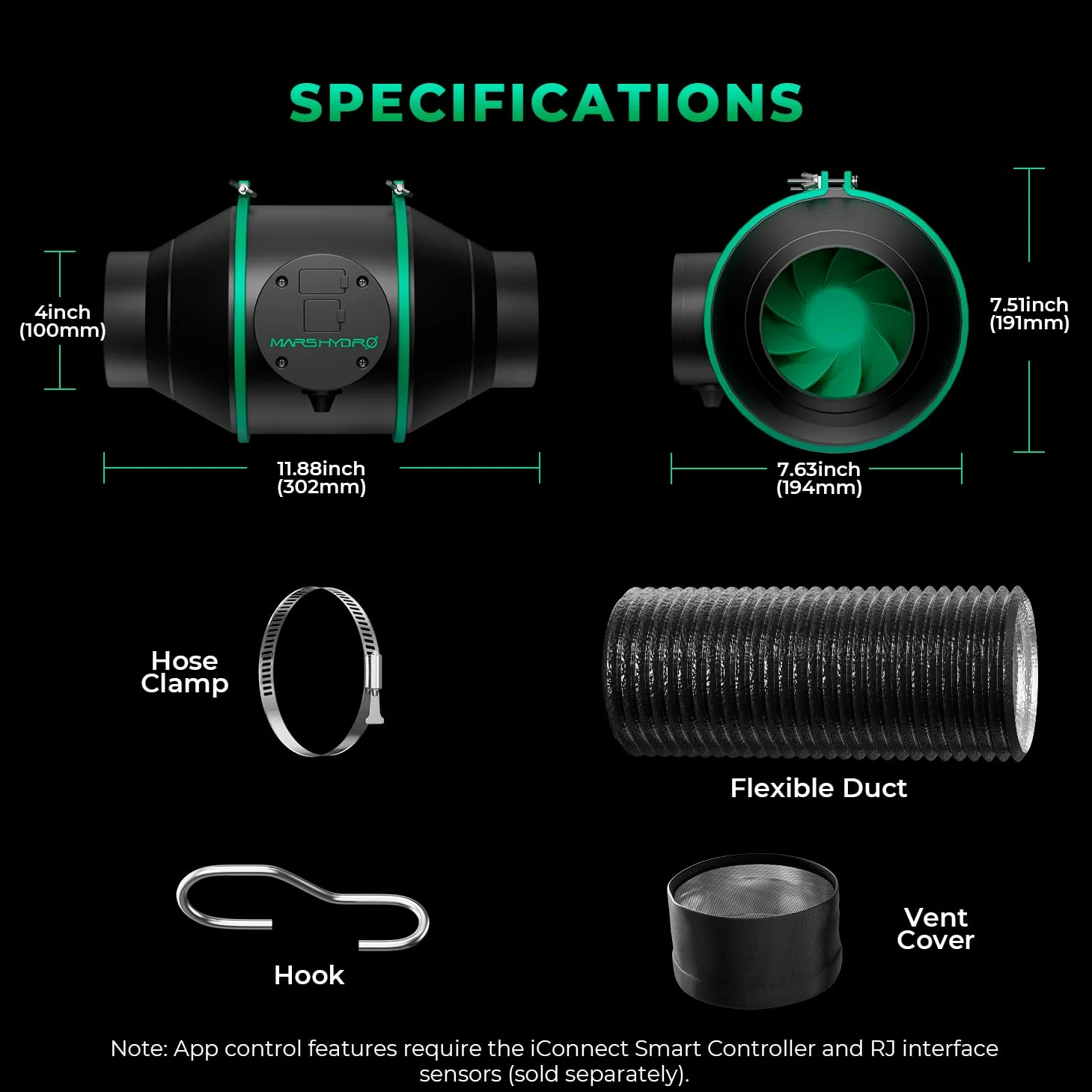 MARS HYDRO iFresh - Combo de ventilador inteligente en línea de 4 pulgadas, con controlador de velocidad variable, sensor de sonda de temperatura y humedad, para calefacción y refrigeración, tiendas