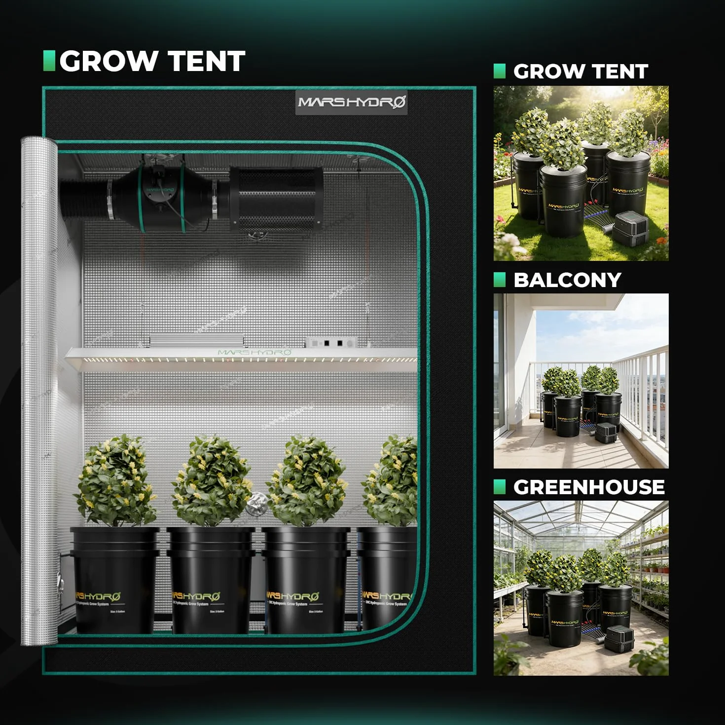 MARS HYDRO DWC Hydrokultur Anbausystem 5 Gallonen Tiefwasserkultur mit 11W Luftpumpe, Mehrzweck-Luftschlauch, Luftstein, 4 Eimern und Topf-Tropfkit
