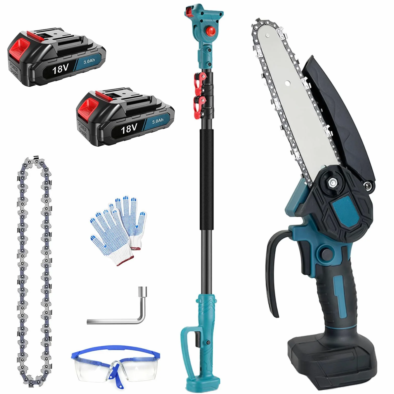 Motosierra de poda inalámbrica 2 en 1, 4100 RPM, mango telescópico 1,3-2,5 m, 2 baterías 3.0 Ah y cargador