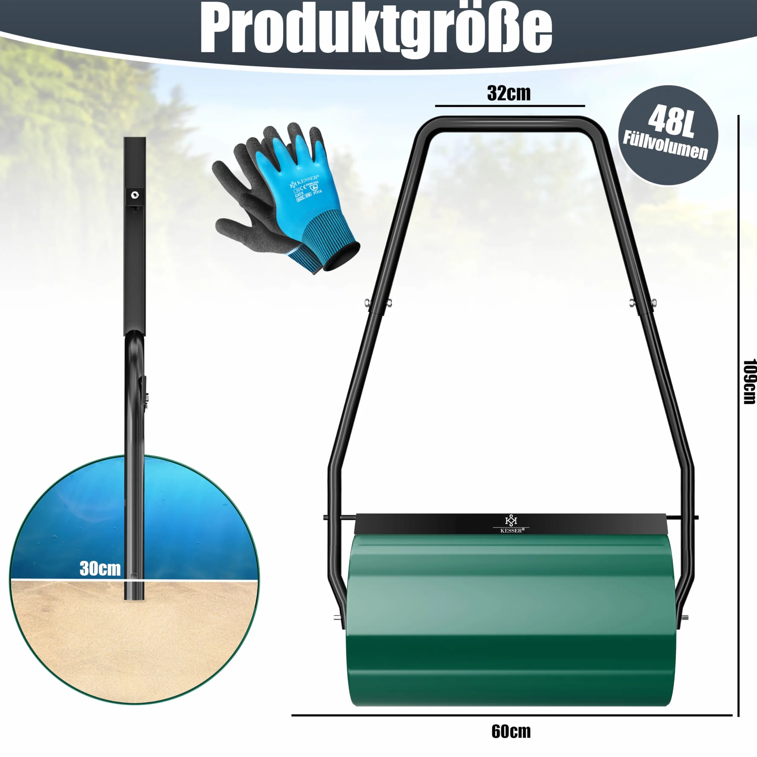 KESSER® Rodillo para césped 60 cm 48 l Volumen de llenado Metal con Deflector de Suciedad Rodillo Manual Rodillo para césped Rodillo de jardín Rodillo agrícola Rodillo rellenable 60 kg, Verde