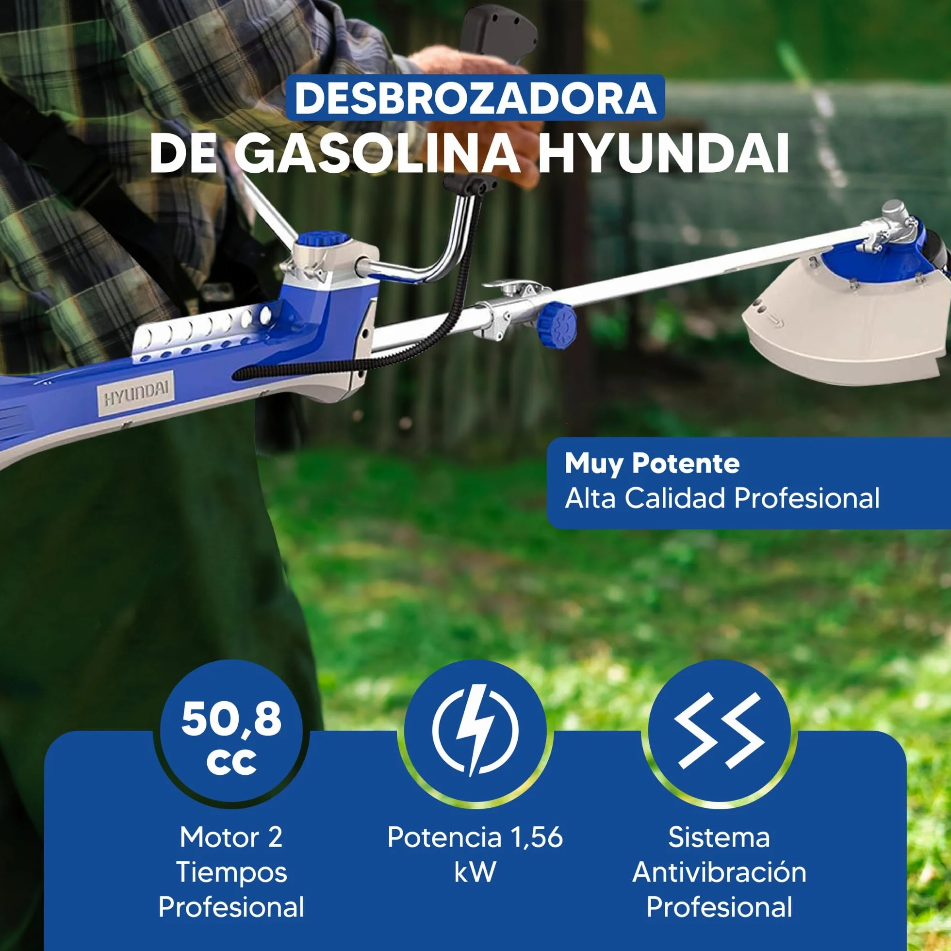 Hyundai Desbrozadora Gasolina Profesional Alta Potencia para Césped Denso - Cortacésped a Gasolina con Sistema Antivibración para Mayor Comodidad - Desbrozadora 2 Tiempos para Jardinería Eficiente