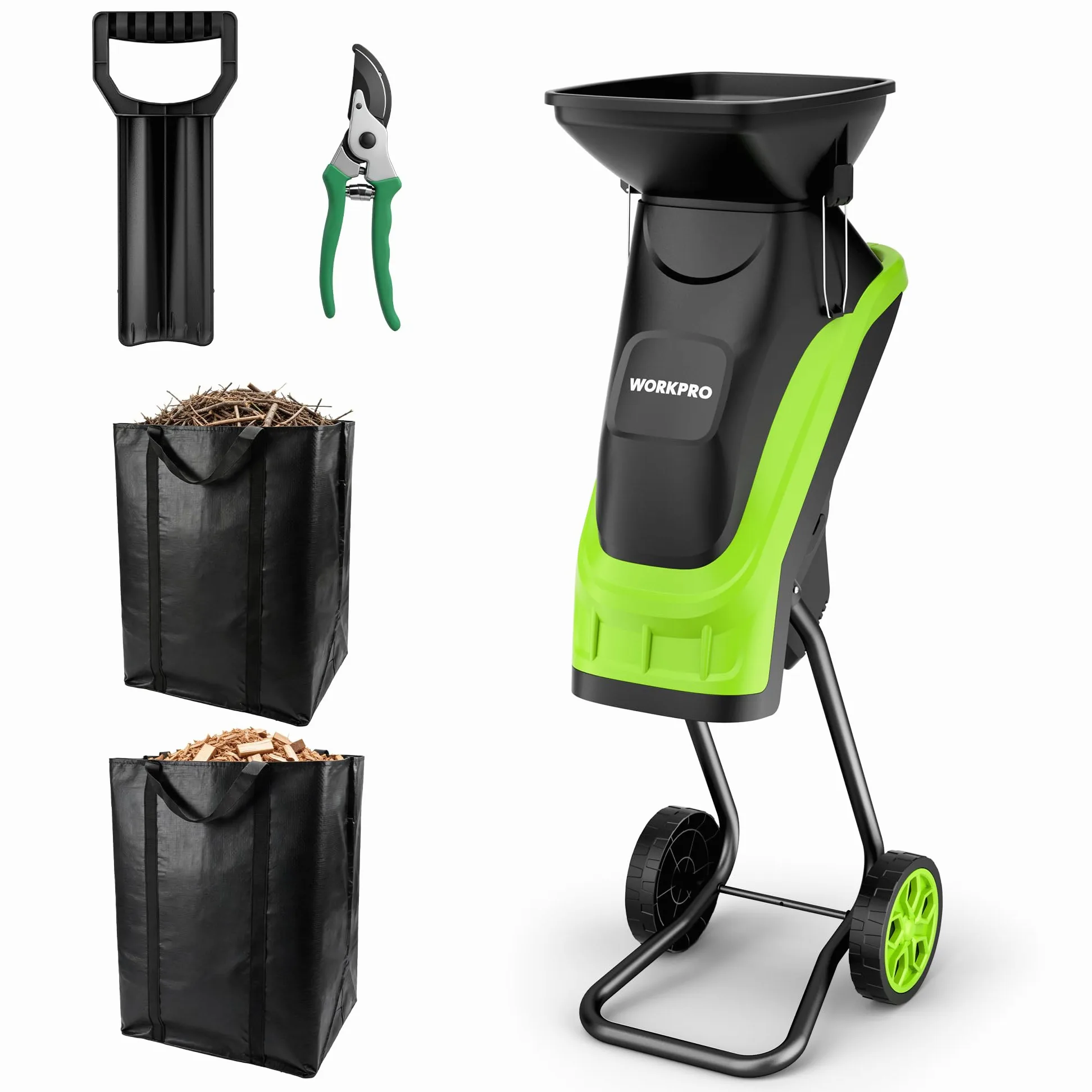 WORKPRO Trituradora de Jardin Eléctrica Cuchillas 2500W con Tijeras de Podar, Biotrituradora de Ramas Ø44 mm, 4300 RPM, Trituradora de Hojas con 2 Bolsas de 45 L, Trituradora para Residuos de Jardín