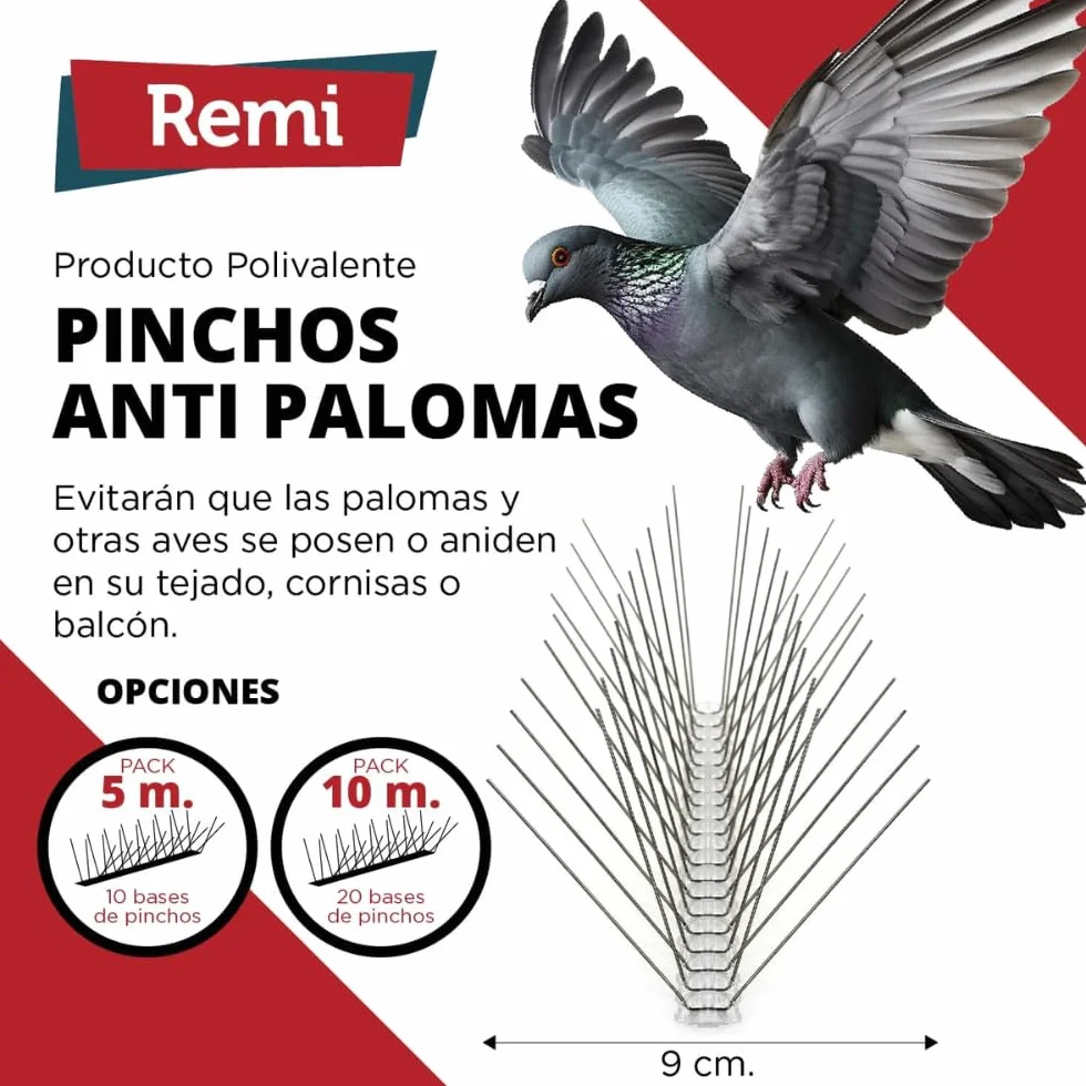 Pack de 5 Metros de Pinchos Antipalomas | Remi Hogar | Púas para Palomas de Acero Inoxidable | Ahuyenta Palomas Efectivo | 10 Tiras de 50cm Montadas | Con base transparente