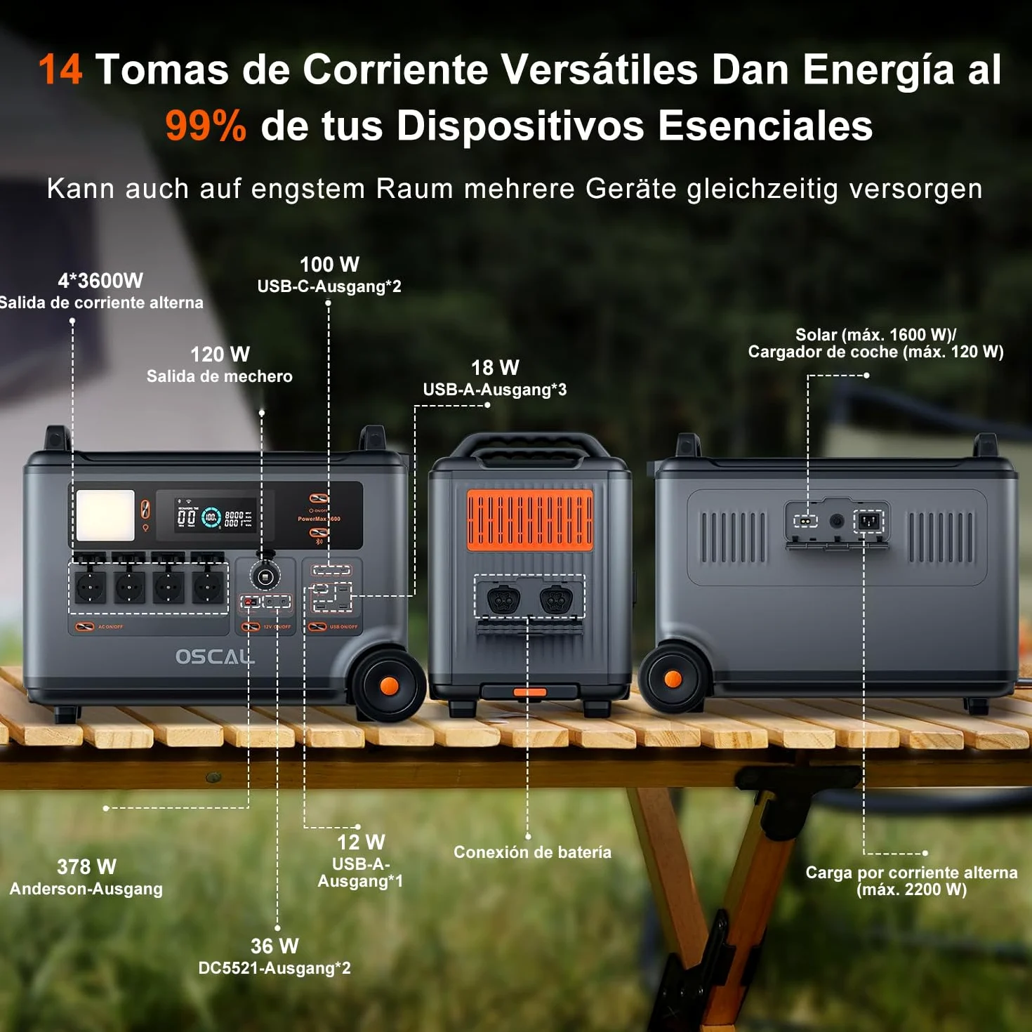 PowerMax 3600SE 3600W (7200W Pico) Estación de Energia Portatil, 3600Wh Generador Solar, Carga Rápida 1h, Batería LiFePO4, UPS, 14 Puertos, Power Station para Camping, Caravana, Hogar