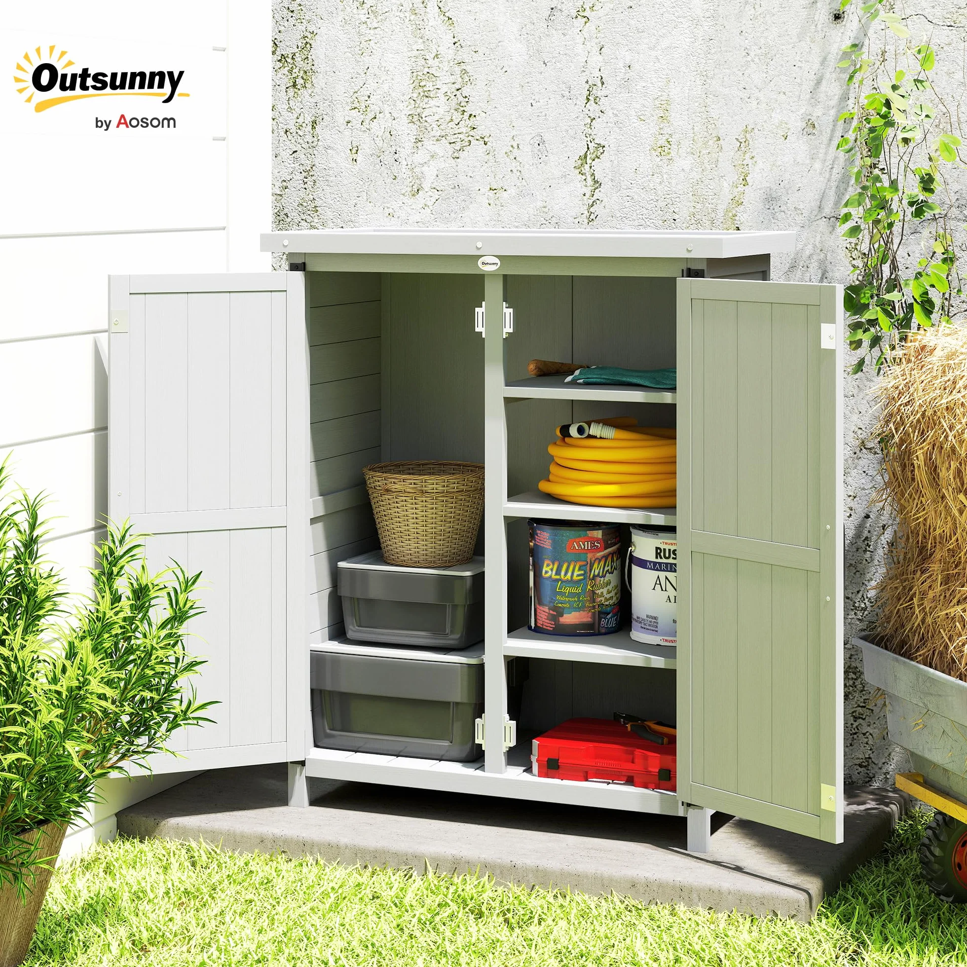 Outsunny Caseta de Jardín de Madera, 75x40x90 cm, Cobertizo Jardín Exterior, Armario para Almacenaje de Herramientas, con 4 Estantes, 2 Puertas y Techo de Acero Galvanizado, Gris