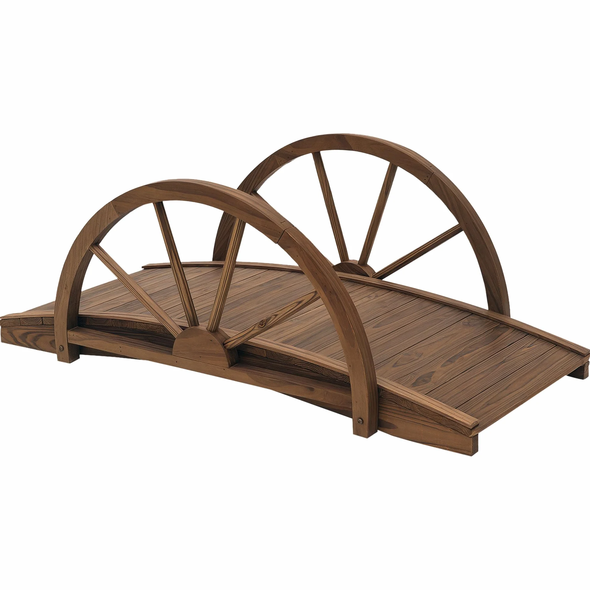 Outsunny Puente de Jardín Puente de Madera con Barandillas en Forma de Rueda Puente para Estanque Carga 150 kg Puente Decorativo para Patio 100x50x37 cm Madera Carbonizada