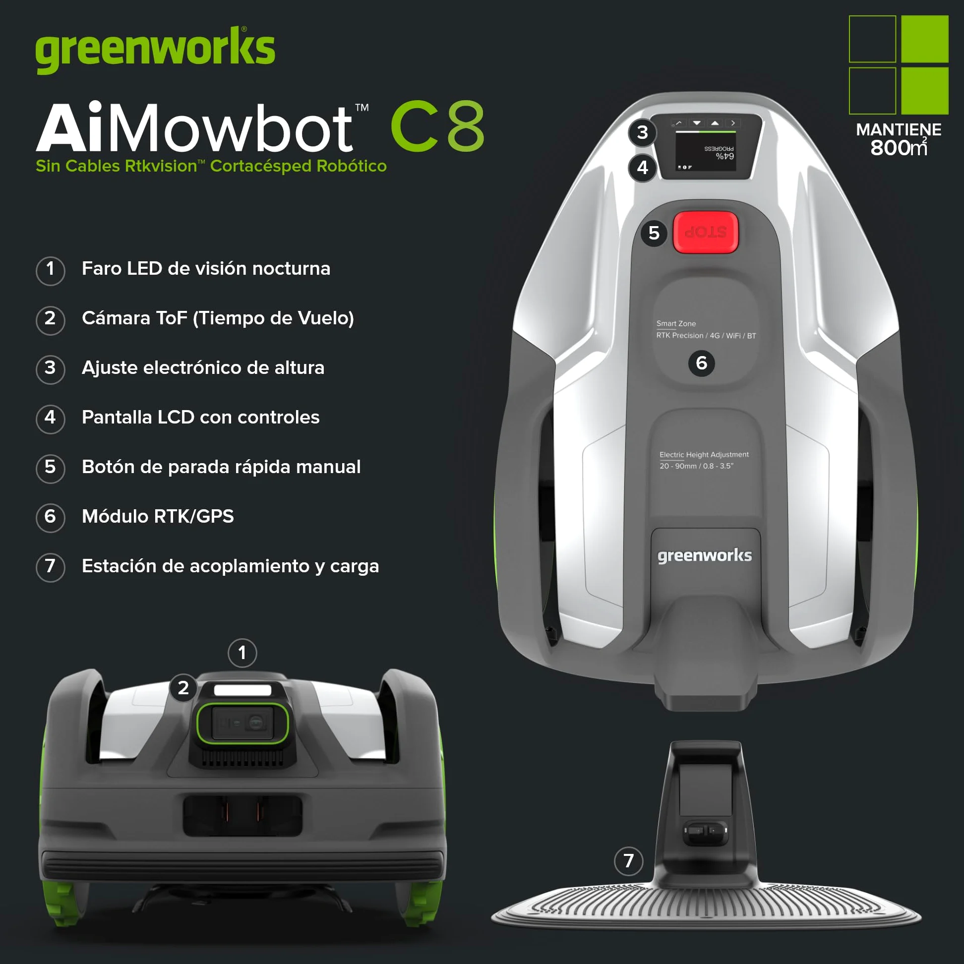Greenworks C8 Vision+RTK – Cortacésped Robot sin Cable hasta 800 m², Mapeo Automático, Detección de Obstáculos 3D-ToF (Día y Noche), Gestión Multi-Zona Vía App, Garantía del Fabricante 3 Años