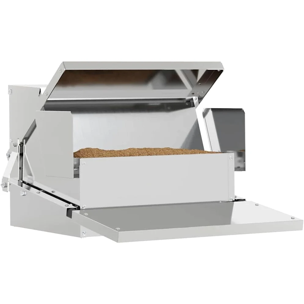 Comedero para patadas de pollo de acero galvanizado plateado, 50 x 40 x 29 cm, capacidad de 2 kg, resistente a la intemperie, con pedales de apertura automática para interior y exterior