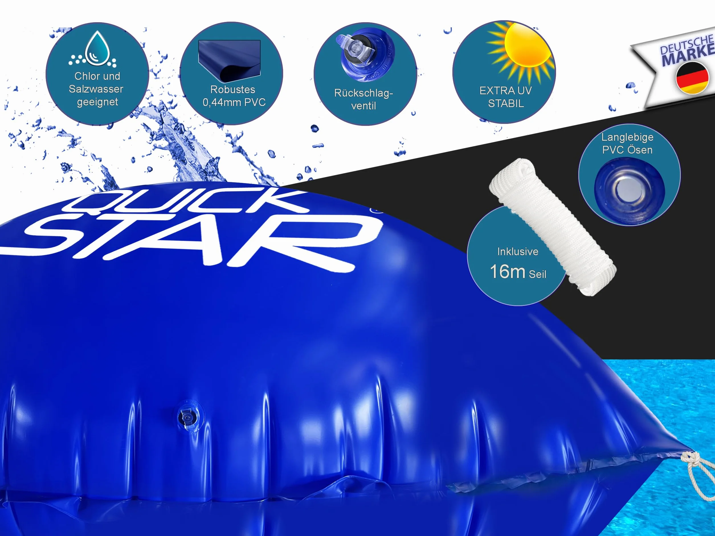 QUICK STAR Cojín de piscina de 200 x 400 cm, color azul, cojín de aire para piscina de invierno, 4 cuerdas y kit de reparación, cojín de invierno