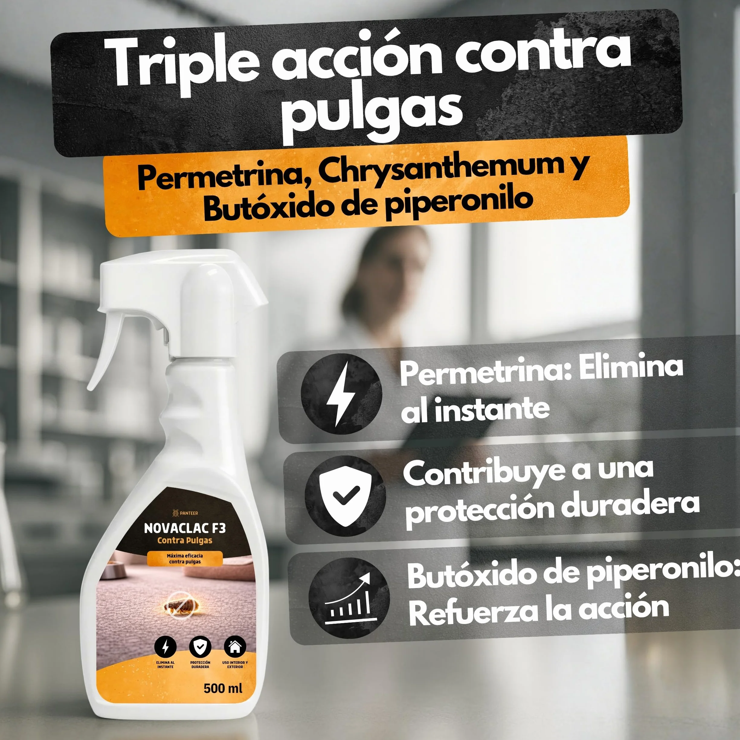 NOVACLAC F3 Mata Pulgas – Spray Insecticida 500 ml PT18 – Elimina pulgas al instante – Protección duradera – Uso interior y exterior – Calidad europea formulada para España