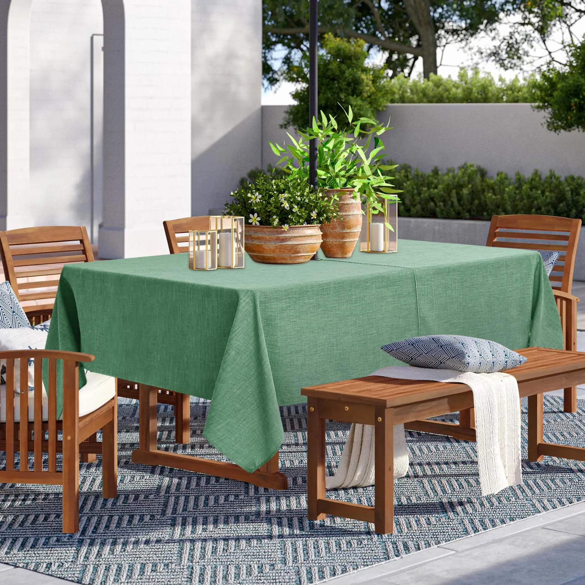 LUSHVIDA Mantel para Exteriores con Agujero para Paraguas, Mantel Rectangular con Cremallera, 152 x 213 cm, Lino sintético Verde Salvia, Resistente al Agua, para Picnic al Aire Libre