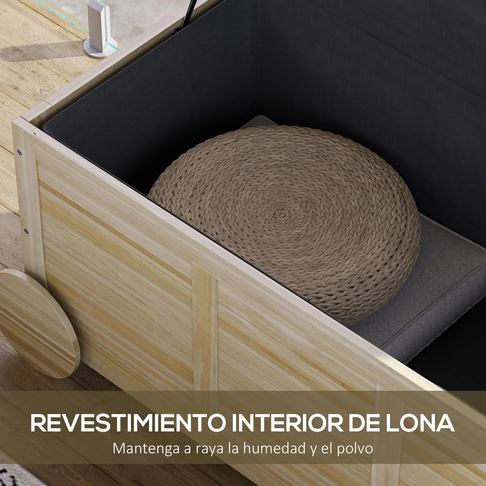 Outsunny Baúl de Almacenaje Exterior 185L, Arcón de Jardín de Madera con Tapa Abatible, 2 Ruedas, Bisagras Metálicas, Cuerdas de Lino y Forro Interior, 110x50x50 cm, Natural