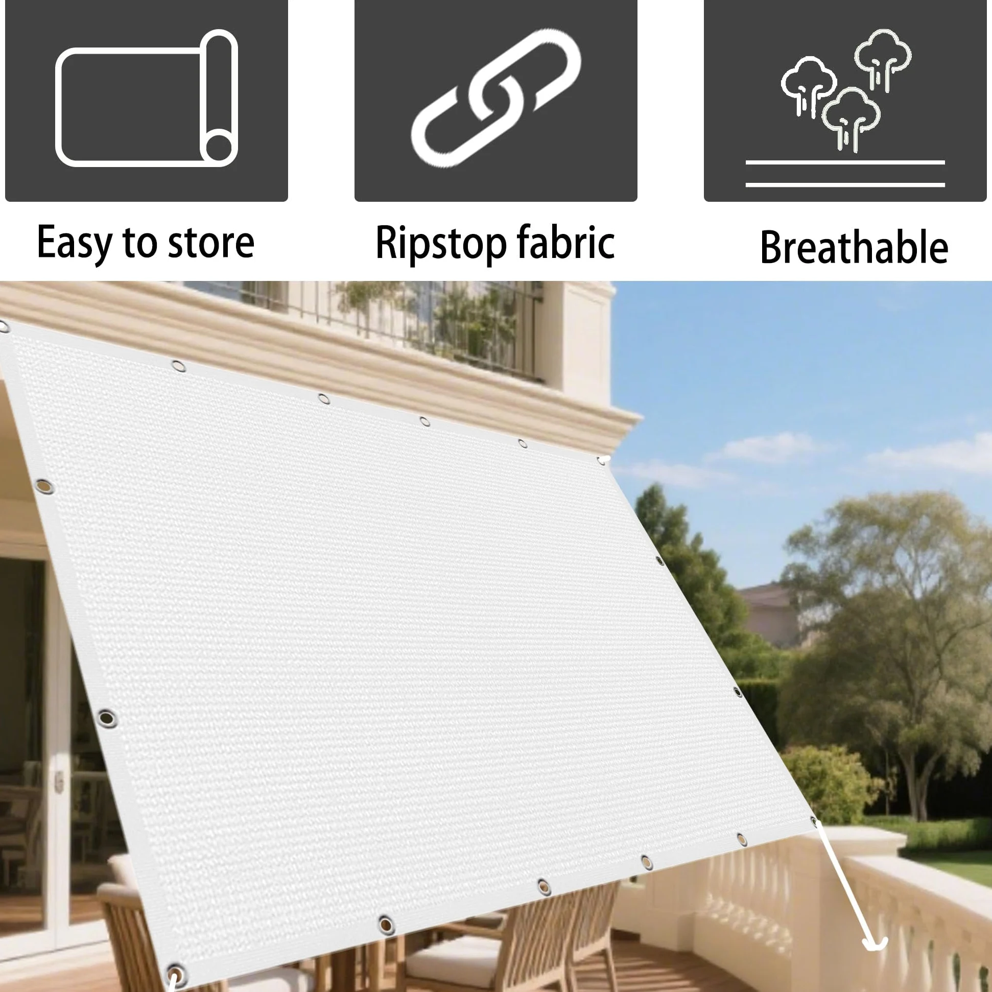 Malla de Sombreo 1.5 x 5 m Protección UV Toldo Camping con Ojales y Cuerdas de Sujeción para Patio Exterior, Jardín, Terrazas, Pergola, Blanco