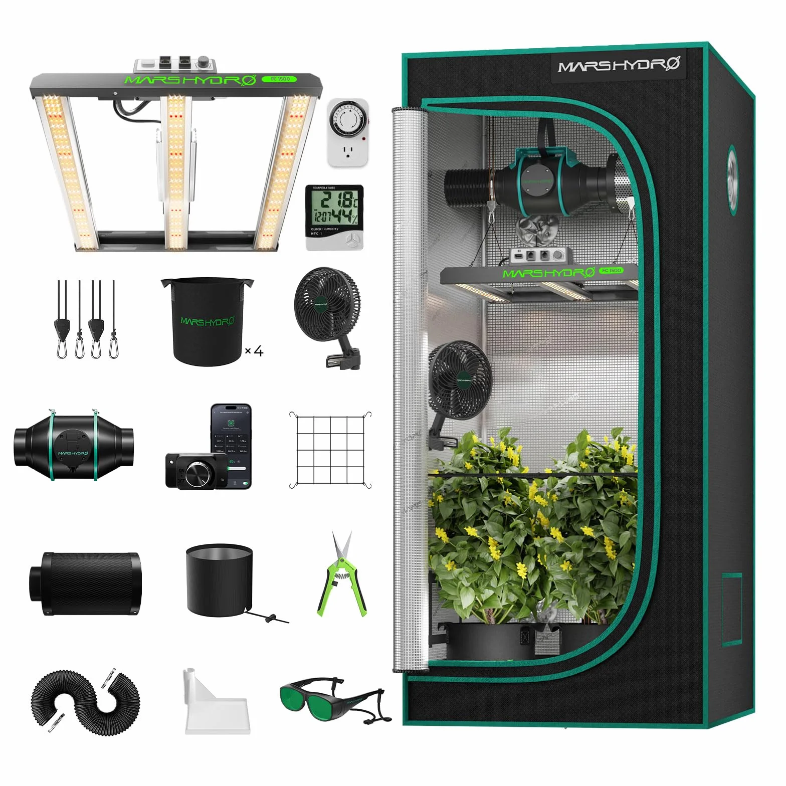 Mars Hydro FC1500 Smart Growtent, juego completo, aplicación Samsung, control remoto, lámpara LED regulable, 80 x 80 x 160 cm, 1680D de alta reflexión, Mylar Grow Box, juego completo, aplicación de 4