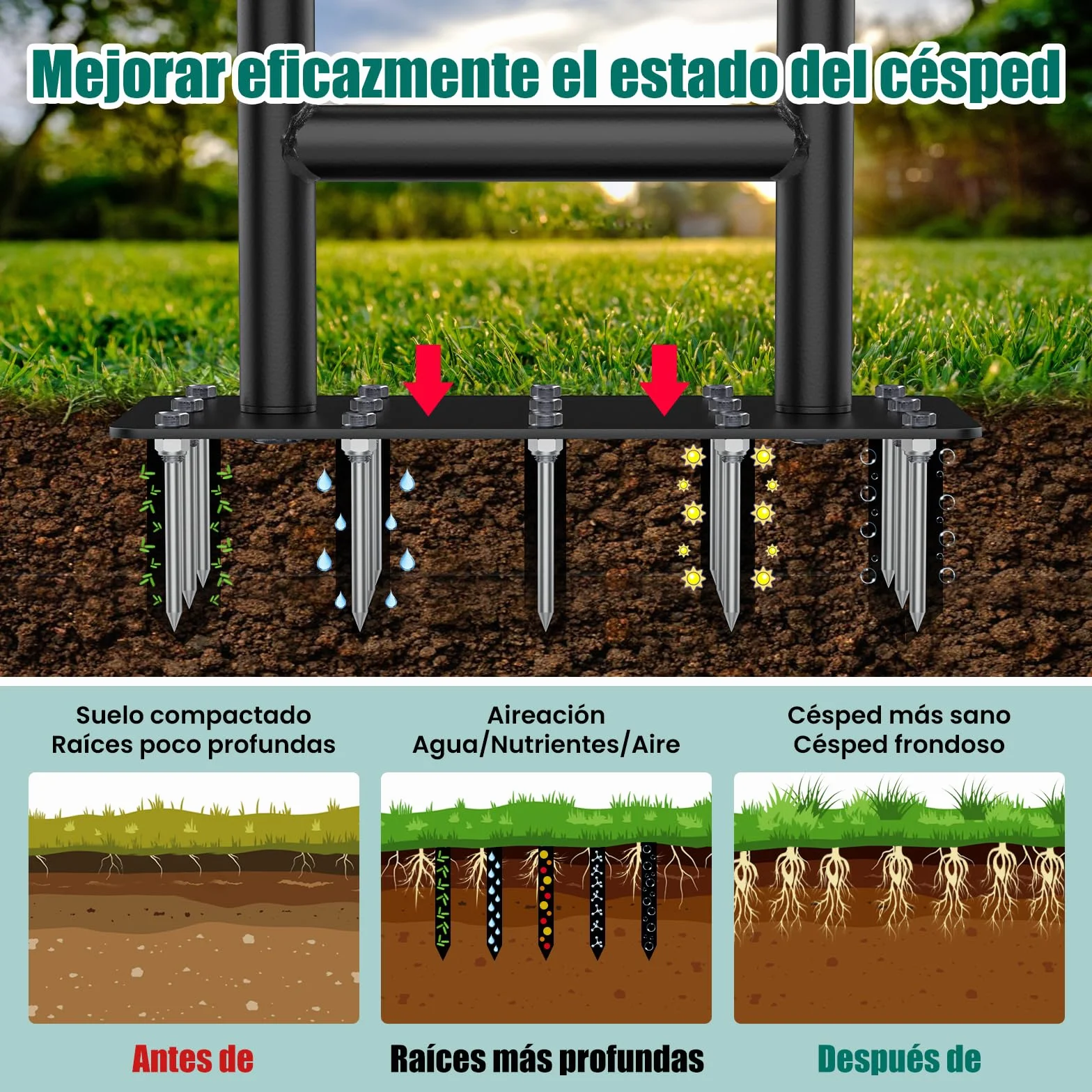 HYCHIKA Aireador Cesped para Cuidado de Suelo y Césped, 15 Pinchos de Acero Macizo, Mango en Forma de T, Escarificador de Cesped Herramientas hortícolas