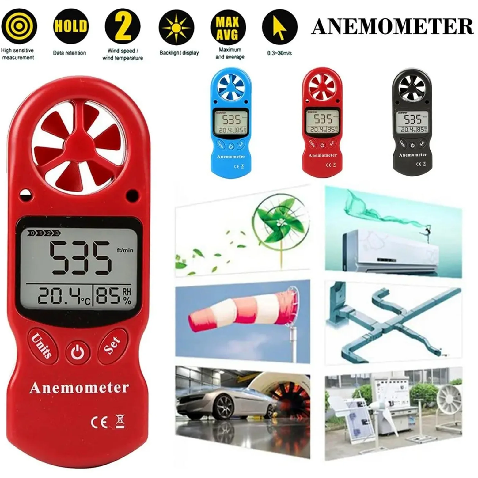 Mini anemómetro digital: medidor multiusos de velocidad del viento, temperatura y humedad con pantalla LCD
