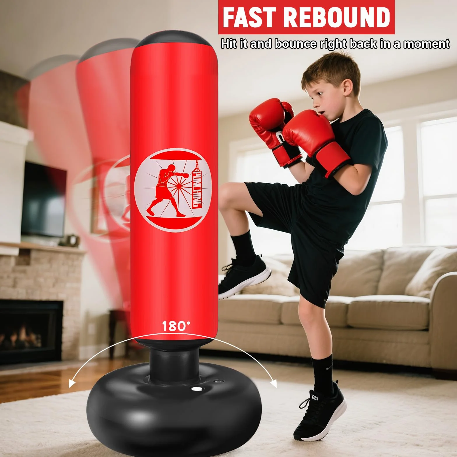 Qoosea Saco de Boxeo Niños 160cm con Bomba de Aire y Guantes, Bolsa de Boxeo Inflable Estable para Karate Kickboxing MMA