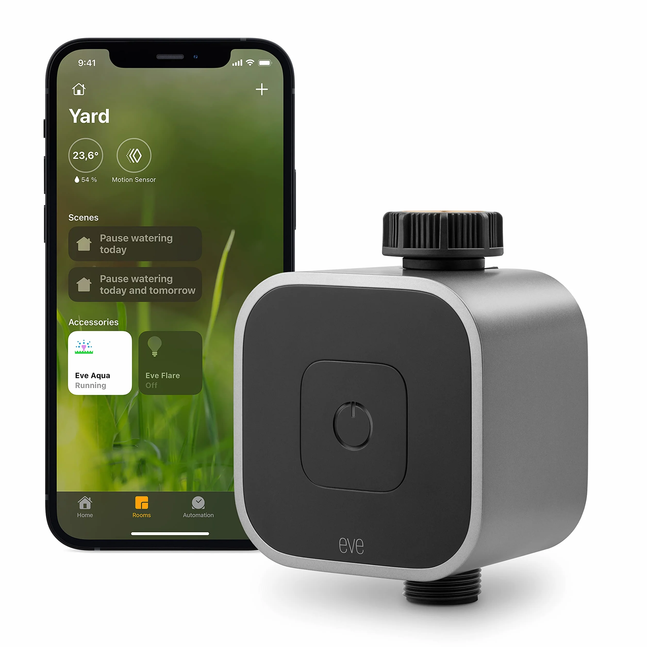 Eve Aqua – Controlador inteligente de riego para la app Casa de Apple y Siri; riega automáticamente con horarios programados, acceso remoto, no requiere pasarela, Bluetooth, Thread, Apple HomeKit