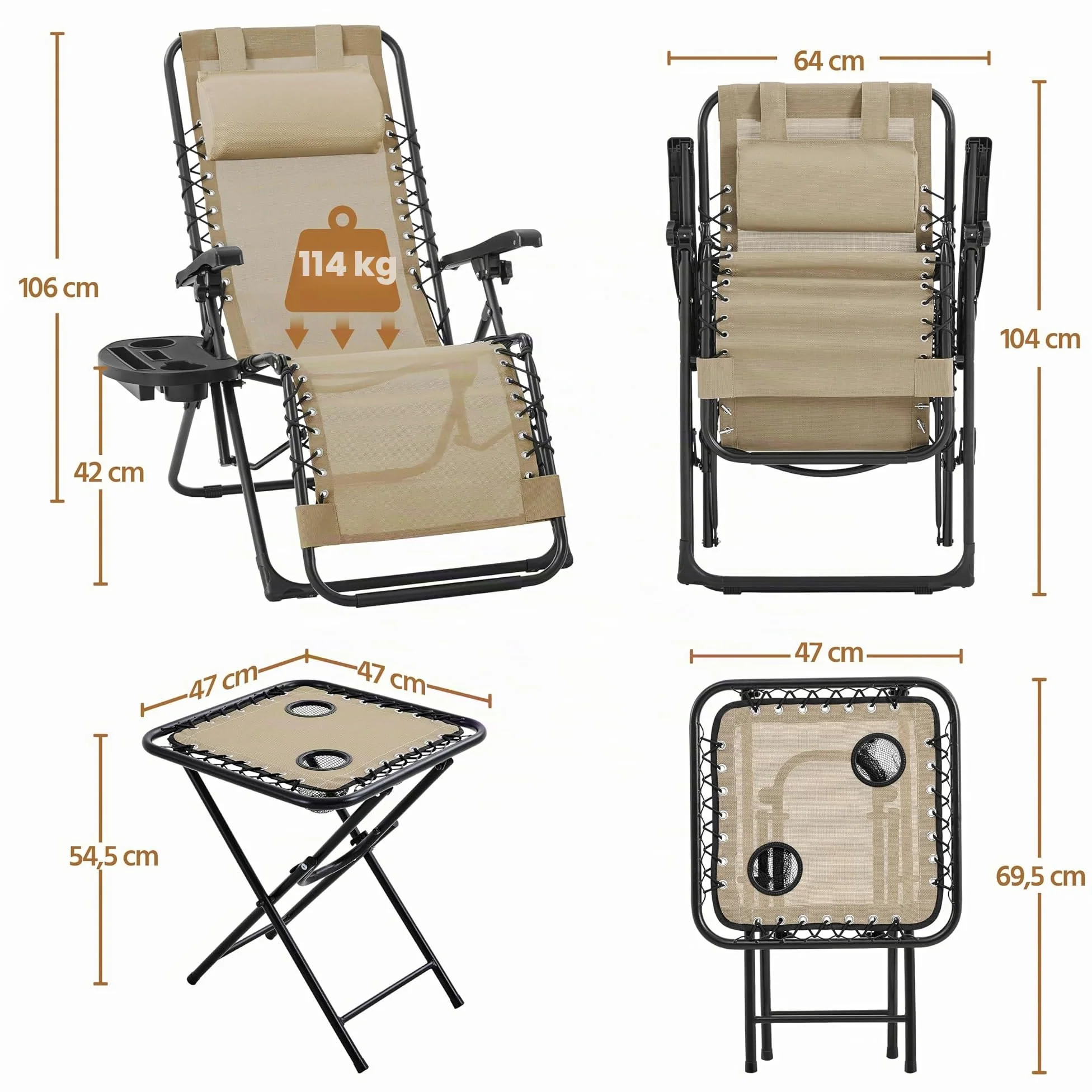 Yaheetech 2 Tumbonas o Sillas de Exterior Plegables y reclinables, con Mesa Auxiliar, Portavasos, Reposacabezas, Tumbonas de Gravedad Cero con Respaldo Ajustable, para Patio, Piscina, Beige