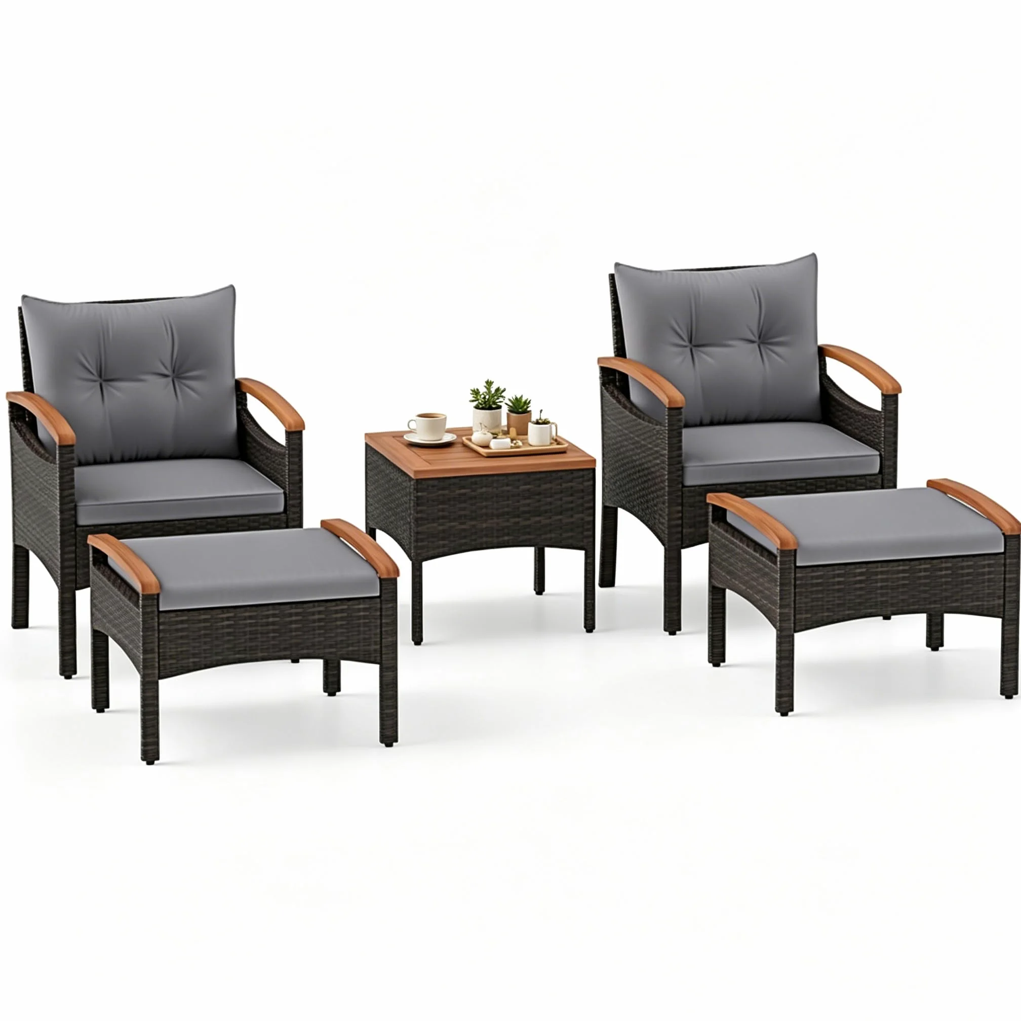 GIANTEX Juego de Muebles de Jardín de Ratán para 2 Personas, Conjunto de Muebles de 3/5 Piezas, 2 Sillones y 1 Mesa de Café, Conjunto de Conversación para Patio, Balcón, Terraza (5 Piezas, Gris)
