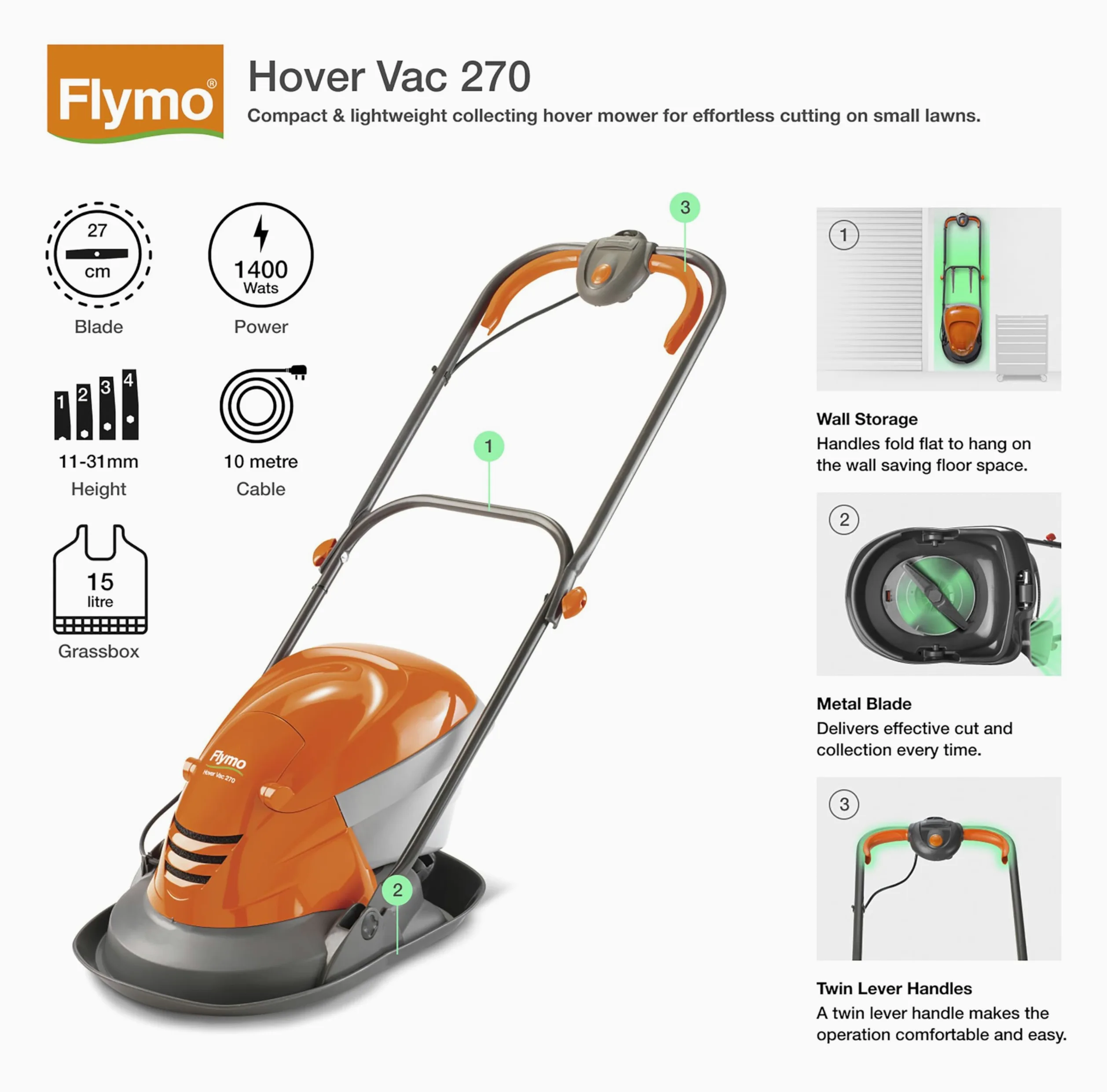 Flymo Cortacésped eléctrico Hover Vac 270, 1400 W, Ancho de Corte 27 cm, contenedor de césped de 15 L