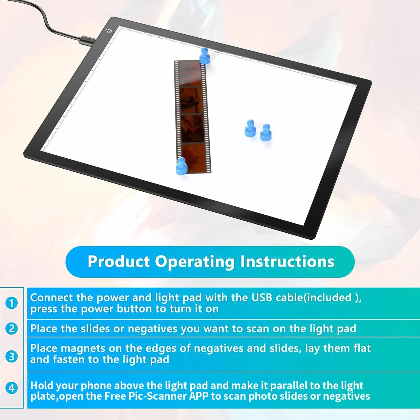 Escáner Portátil Ultradelgado de Negativos y Diapositivas, Panel de Luz LED 12x9 Pulgadas, Visor de Película
