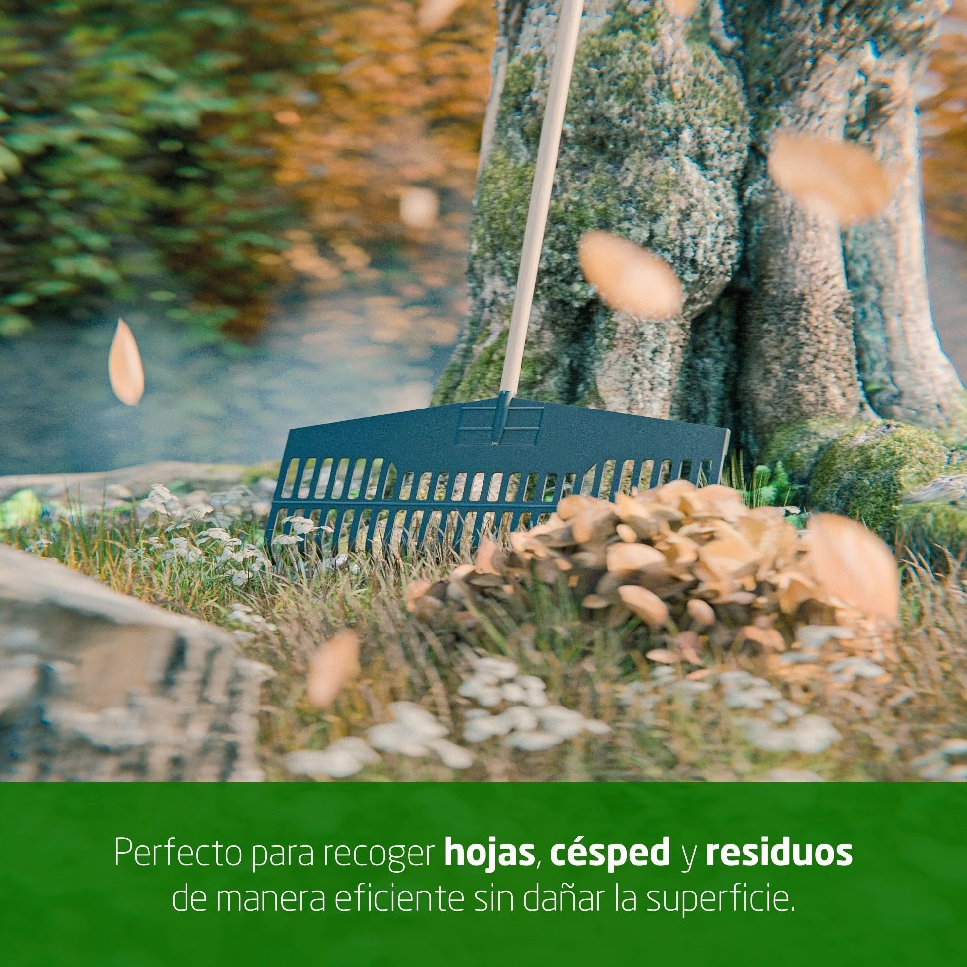 Amig - Rastrillo de Plástico Resistente - Herramienta Ligera para Barrer Hojas y Césped - Recogedor para Jardín y Campo - Púas Flexibles - para Mango Universal de 22mm