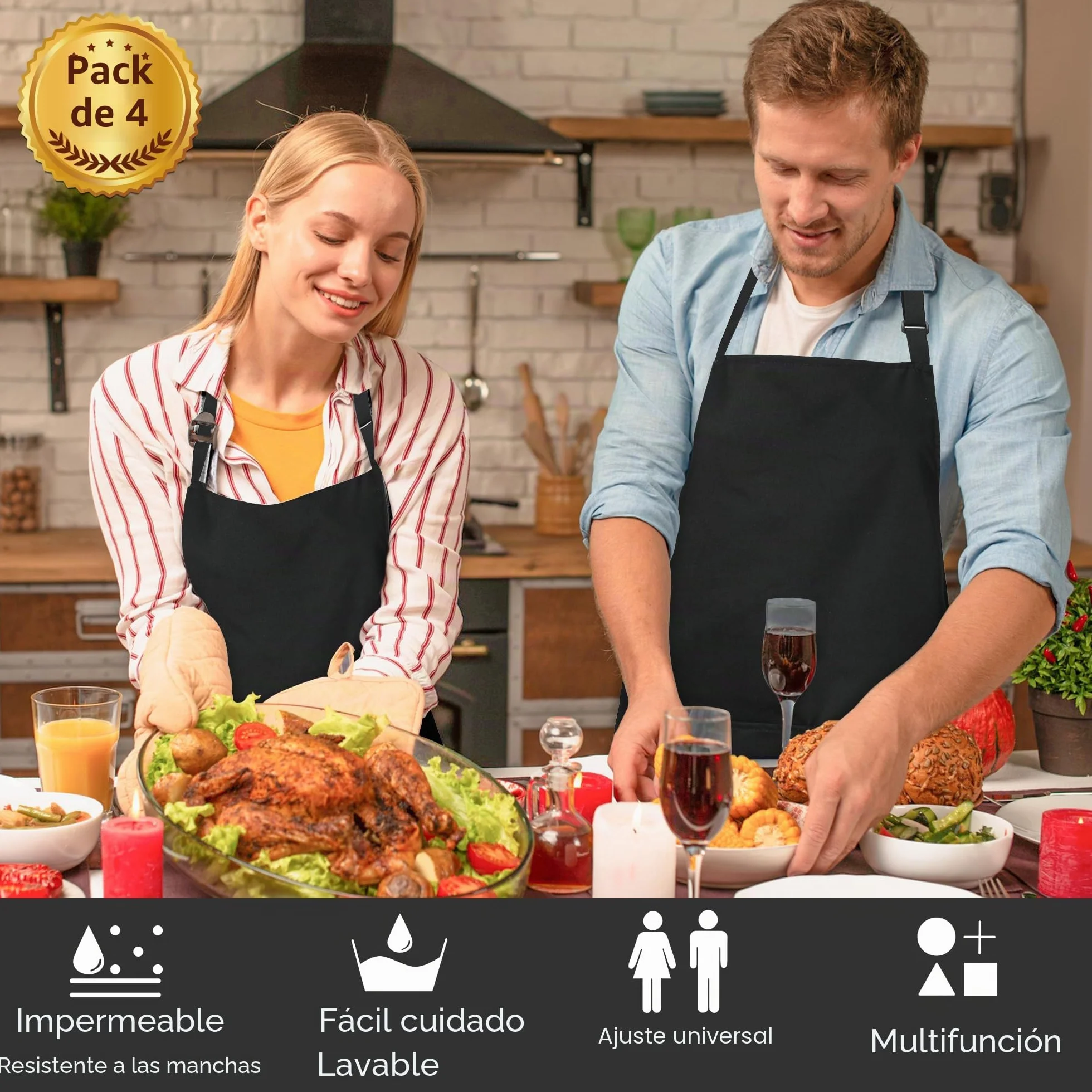 atopo 4 Piezas Chef Delantal, Negro Delantal Impermeable con 2 Bolsillos, Delantal de Cocina Ajustables para Barbacoa Cocinar Hornear Jardinería Restaurante