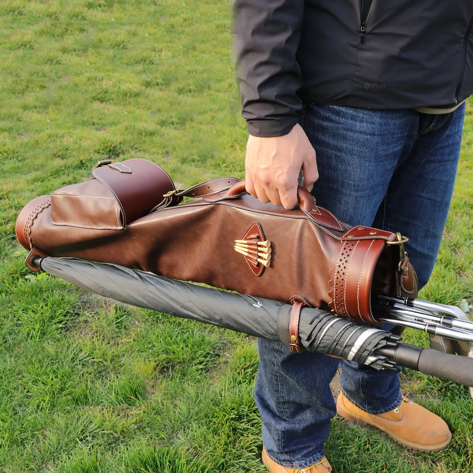 TOURBON Bolsa de transporte vintage para golf con bolsillo para pelotas