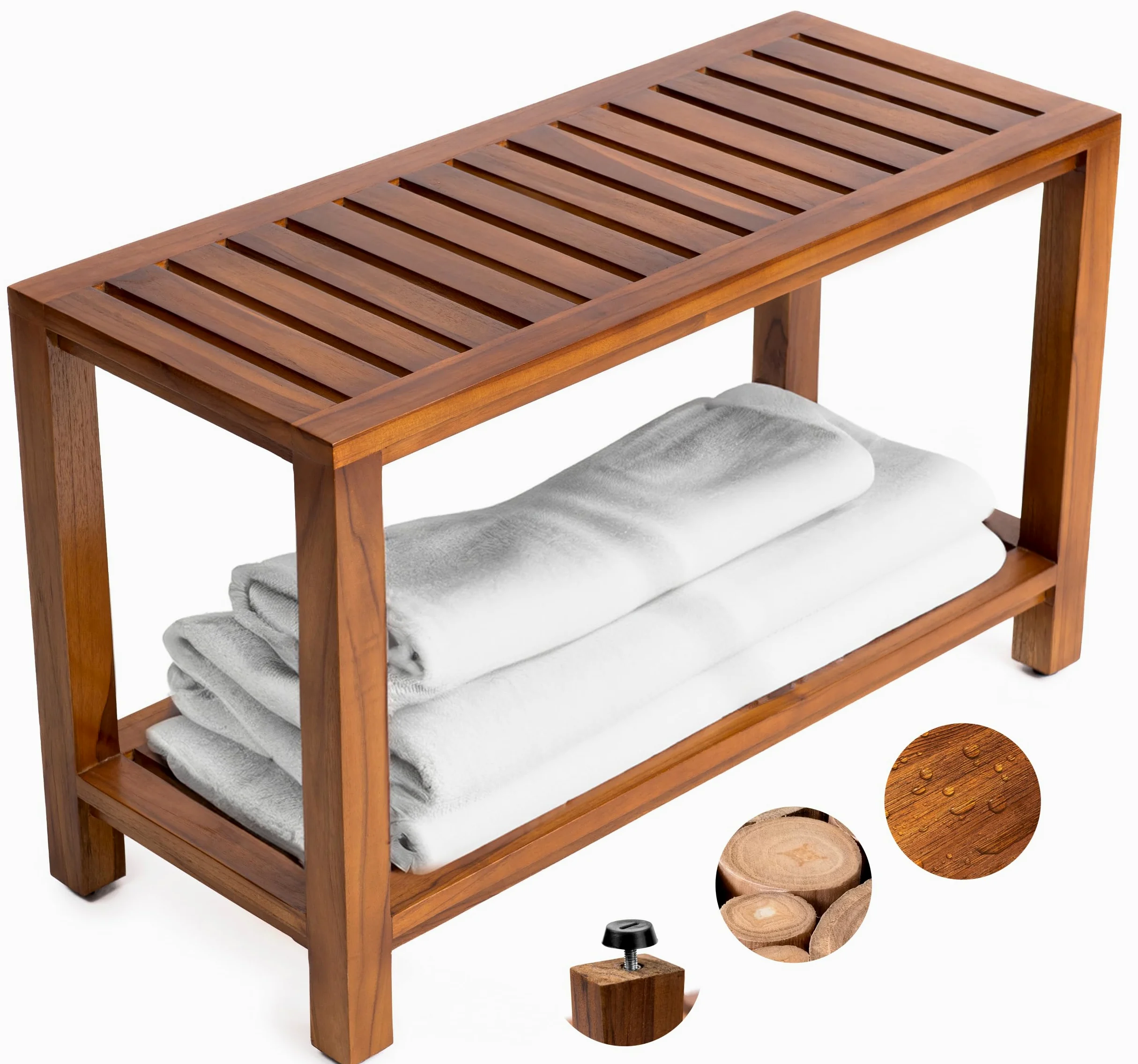 Banco de ducha de teca de 30 pulgadas, banco de madera totalmente montado con estante, resistente al agua, patas ajustables antideslizantes, para uso en spa, jardín o baño