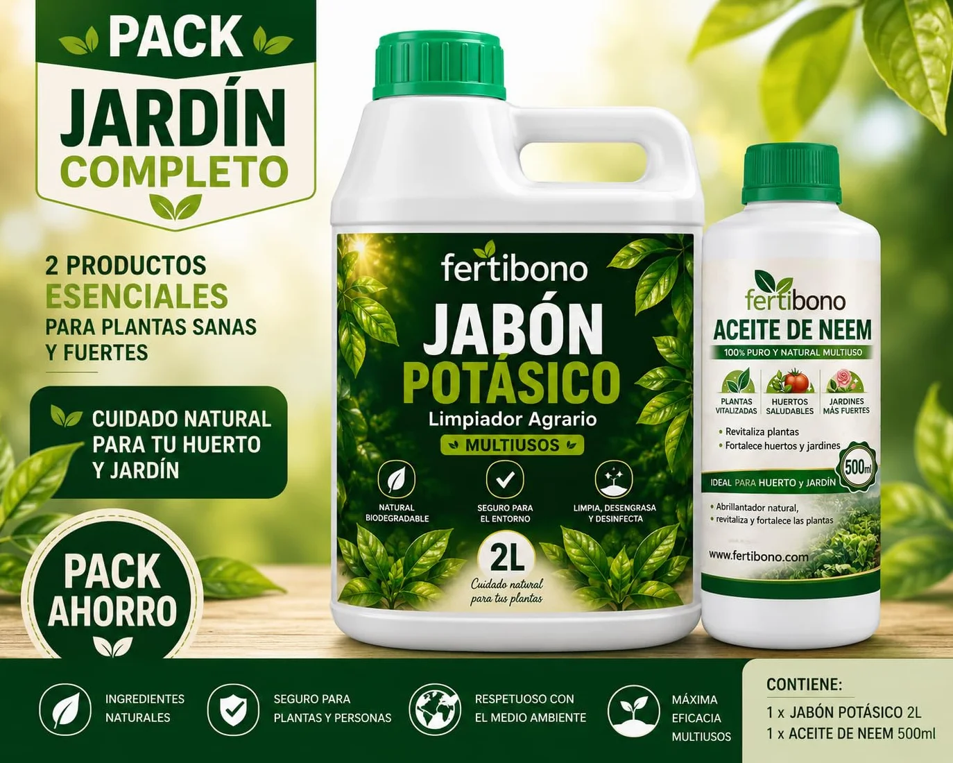 FERTIBONO FLORANIM Multiuso - Jabón Potásico 2L + Aceite de Neem 500 ml para Plantas, Huerto y Jardín - Pack Concentrado para Diluir en Agua y Pulverizar