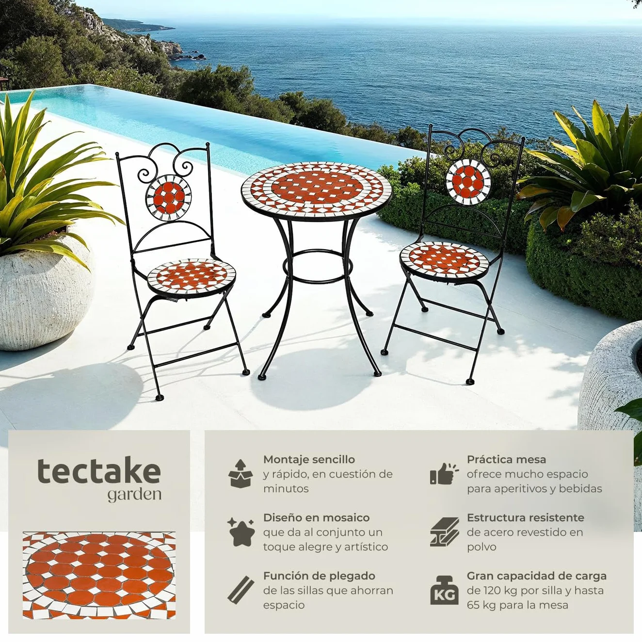 tectake® Conjunto Muebles Jardín Exterior de Metal y Cerámica, 1 Mesa y 2 Sillas Plegables, Muebles Terraza Impermeables y Resistentes a Intemperie, Gran Capacidad de Carga, Fácil Limpieza - marrón