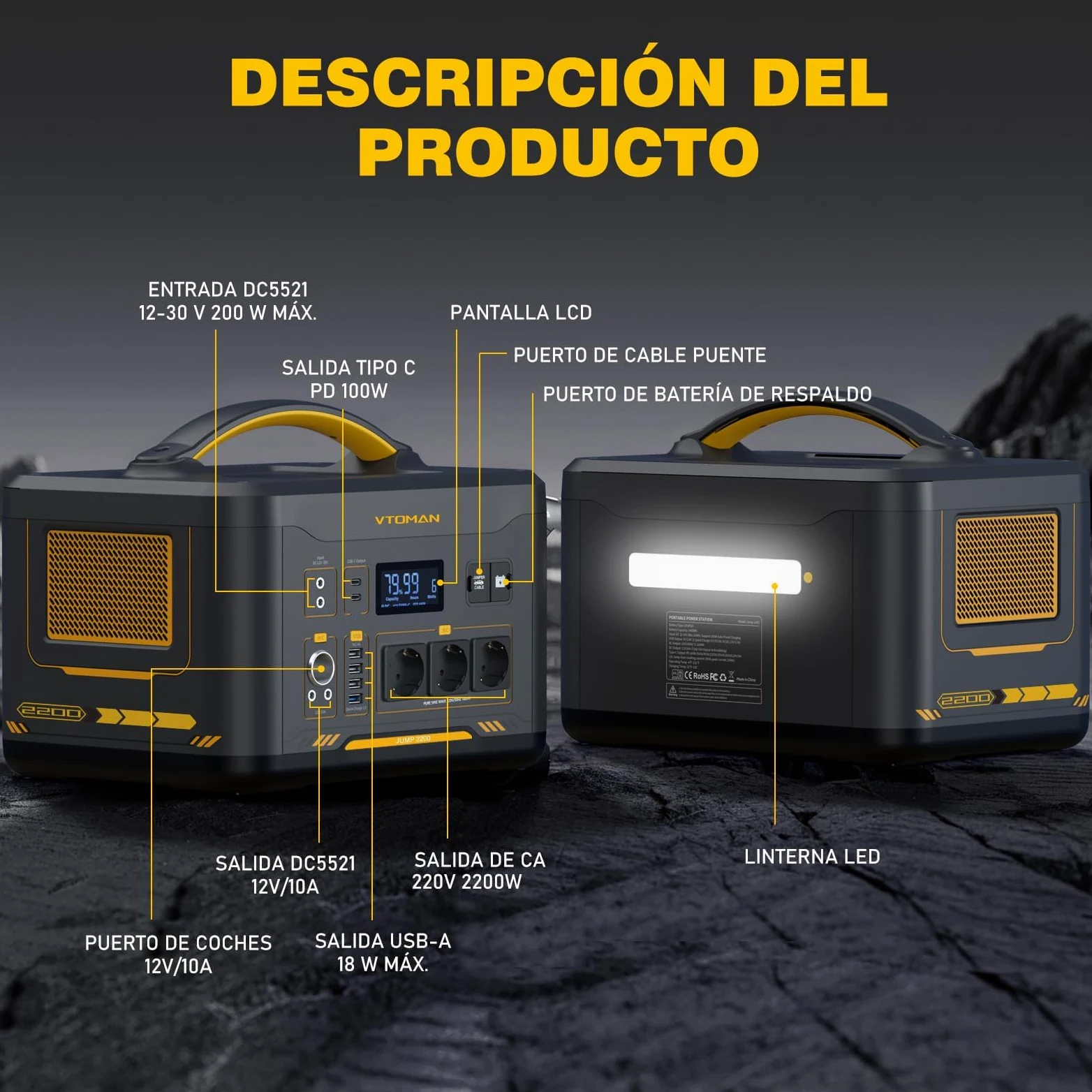 VTOMAN Jump 2200 Estación de Energía Portátil con Bolsa de Almacenamiento | 1548Wh Generador Solar (Pico 4400W), 100W Tipo C, 3 CA de 2200W, LiFePO4 Batería, para Acampadas, Hogar y Caravana